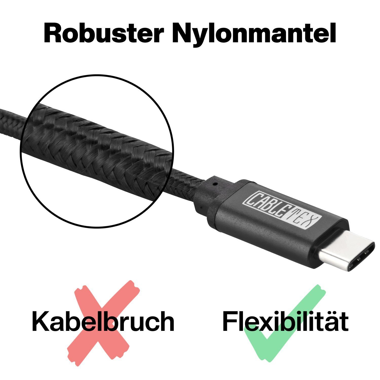 CABLETEX USB-C Ladekabel 2 M – 60 Watt Schnellladung, 5 Gbit/s Datenübertragung, USB 3.2 Gen1