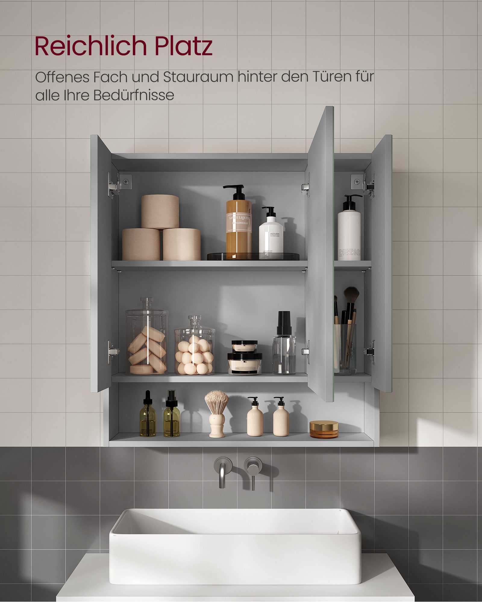 VASAGLE Spiegelschrank Badschrank Breite 70-90cm, mit 3 Türen, offenes Fach, verstellbare Ablagen – Bild 5 von 5