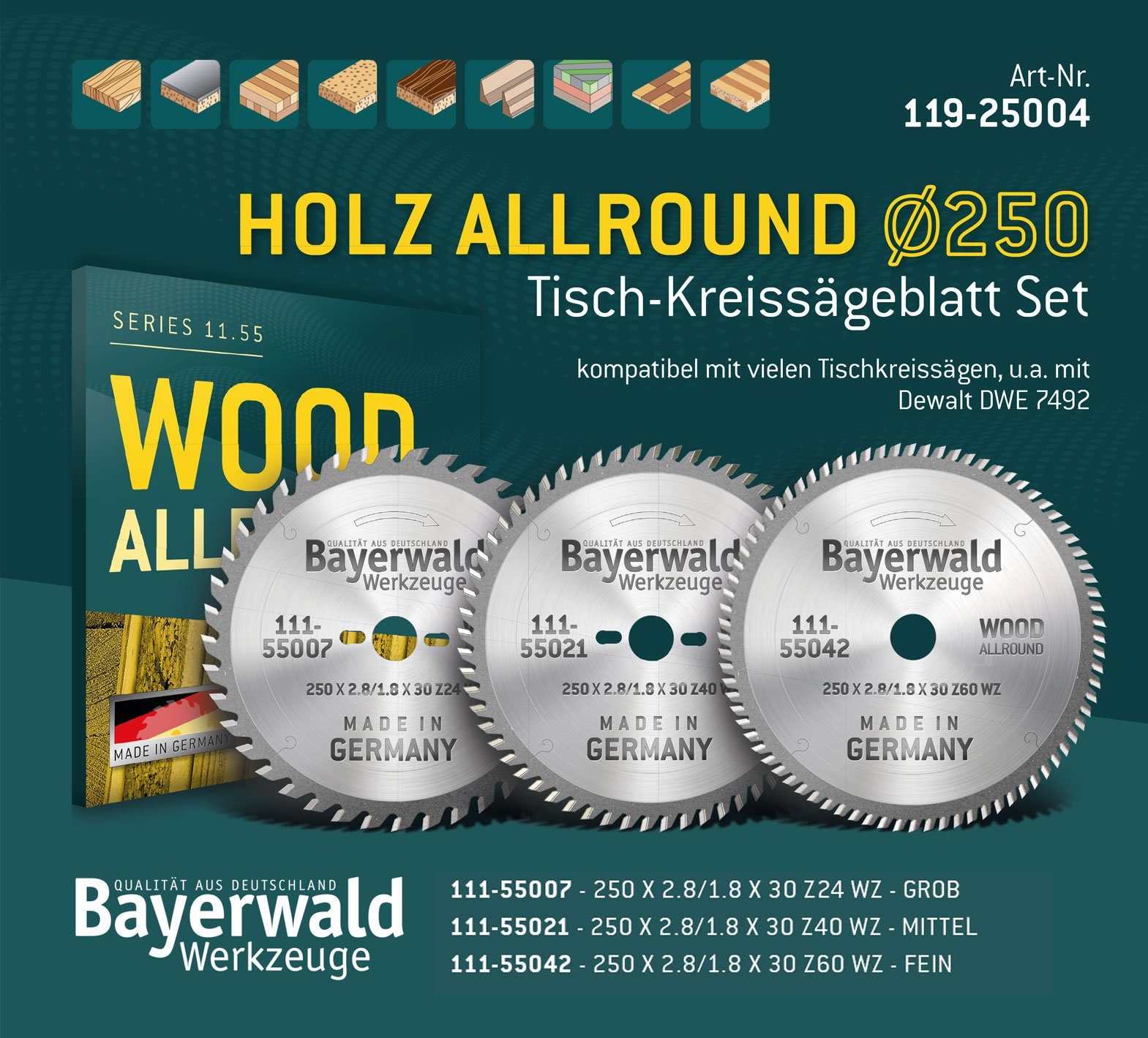 Thumbnail - QUALITÄT AUS DEUTSCHLAND Bayerwald Werkzeuge Kreissägeblatt HOLZ ALLROUND Ø250 Tisch-Kreissägeblatt Set