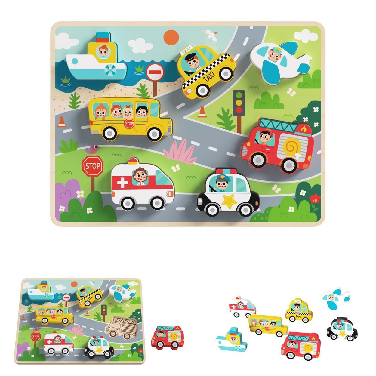 Tooky Toy Steckpuzzle Kinder Holz-Puzzle Fahrzeuge, 8 Puzzleteile, 3D TH634 Steckpuzzle, 8-teilig, ab 1 Jahr