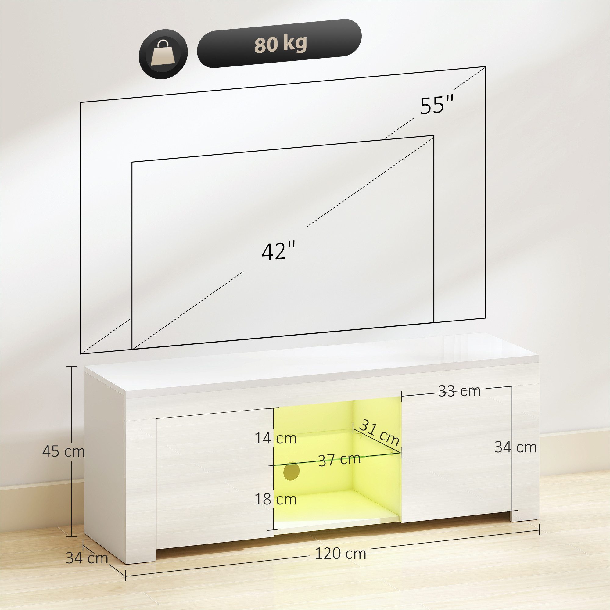 HOMCOM TV-Board mit 2 Türen, RGB LED Leuchte, Glasregal, Kabelmanagement (Hochglanz TV Lowboard, 1 St., TV Board), für Wohnzimmer Weiß 120x34x45cm