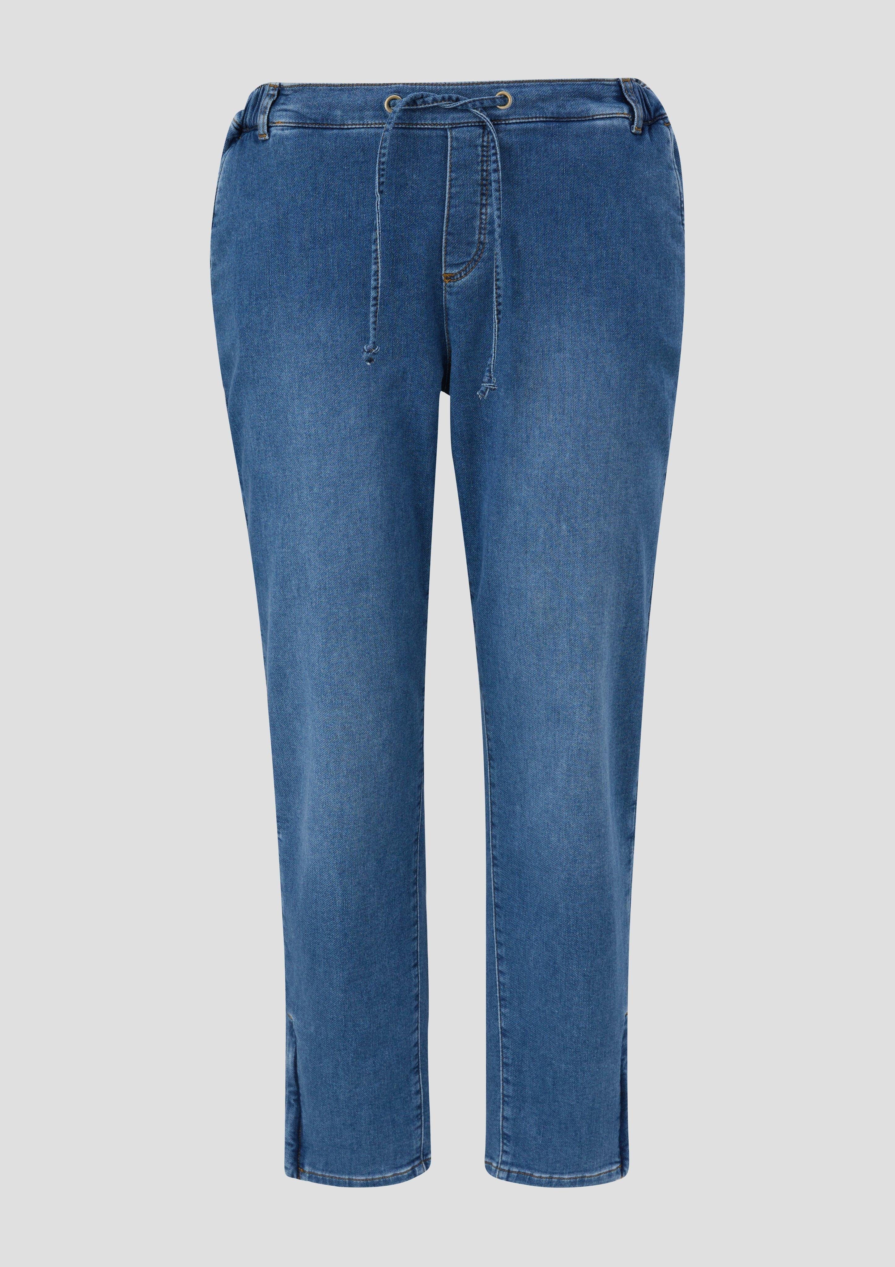 TRIANGLE Stoffhose Jeans / Mom Fit / Mid Rise Gummizug, Logo, Waschung, Kontrastnähte