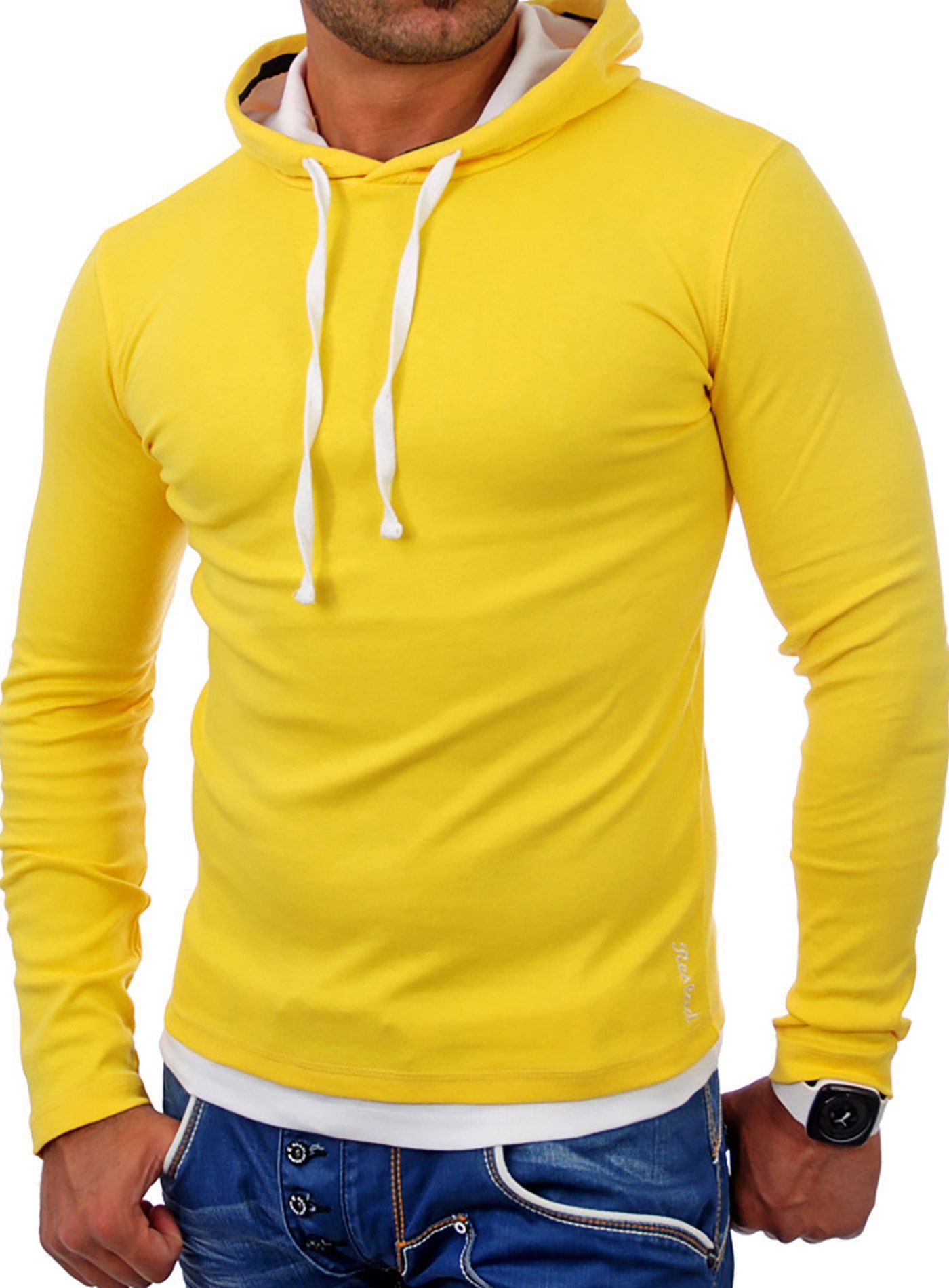 Reslad Sweatshirt Reslad Herren Kapuzen Sweatshirt RS-1003 (1-tlg) Kapuzensweatshirt Layer-Look gelb-weiß