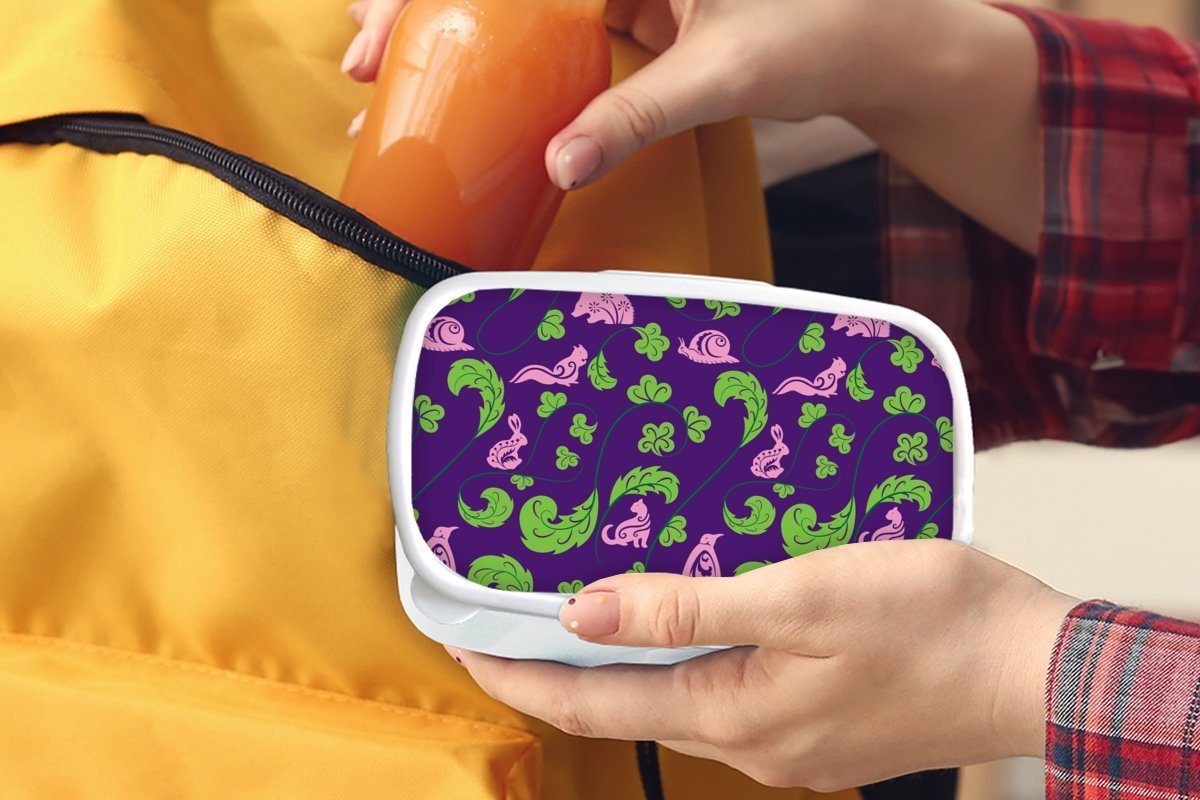 Muster, Lunchbox Erwachsene, für weiß Brotbox für MuchoWow Brotdose, Tiere - Blätter Mädchen (2-tlg), Kinder und und Kunststoff, - Jungs