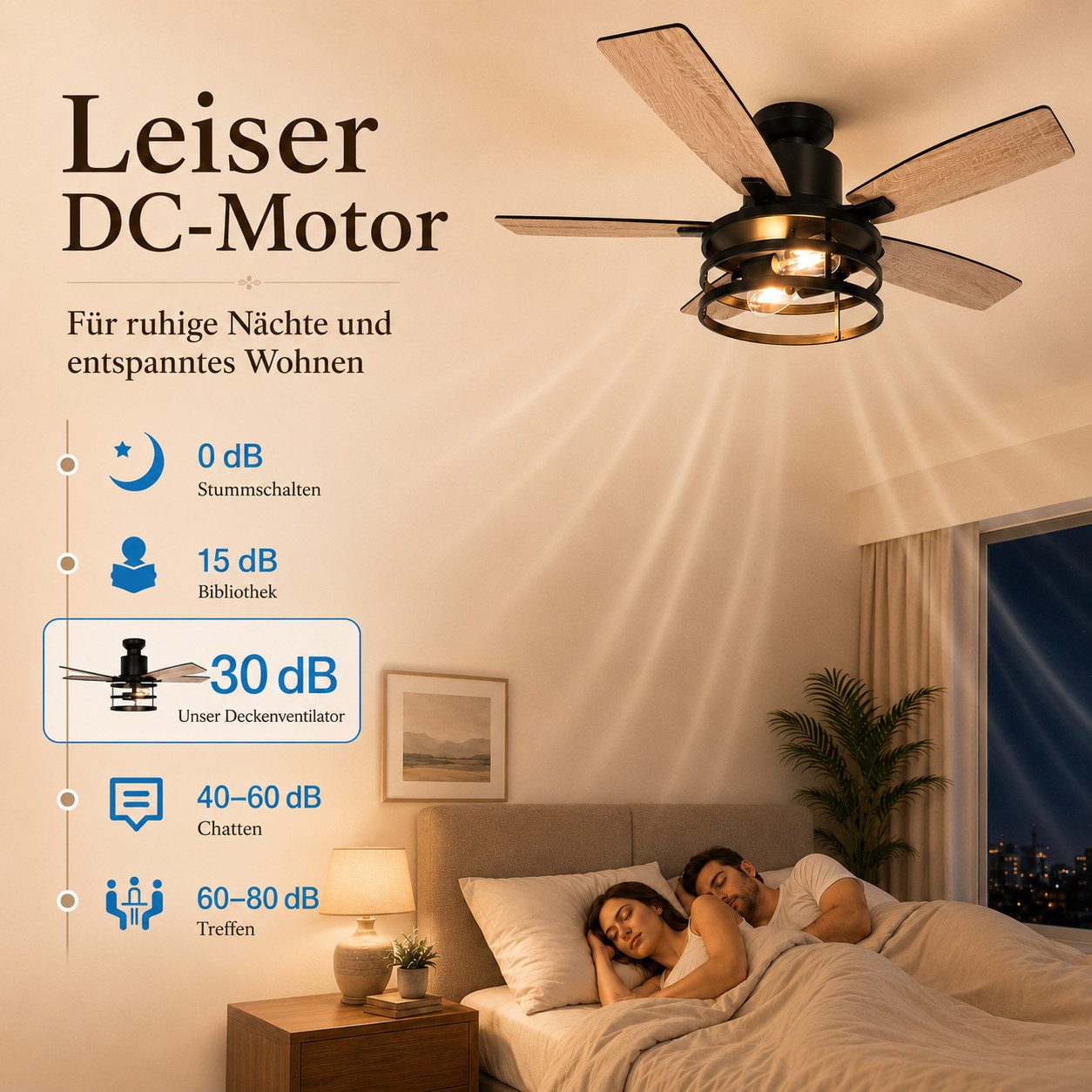 Rosnek Deckenventilator mit Beleuchtung, Fernbedienung, 2 Flügel-Designs, leiser, 112/132cm, Metall, Deckenmontage, für Schlafzimmer, Wohnzimme