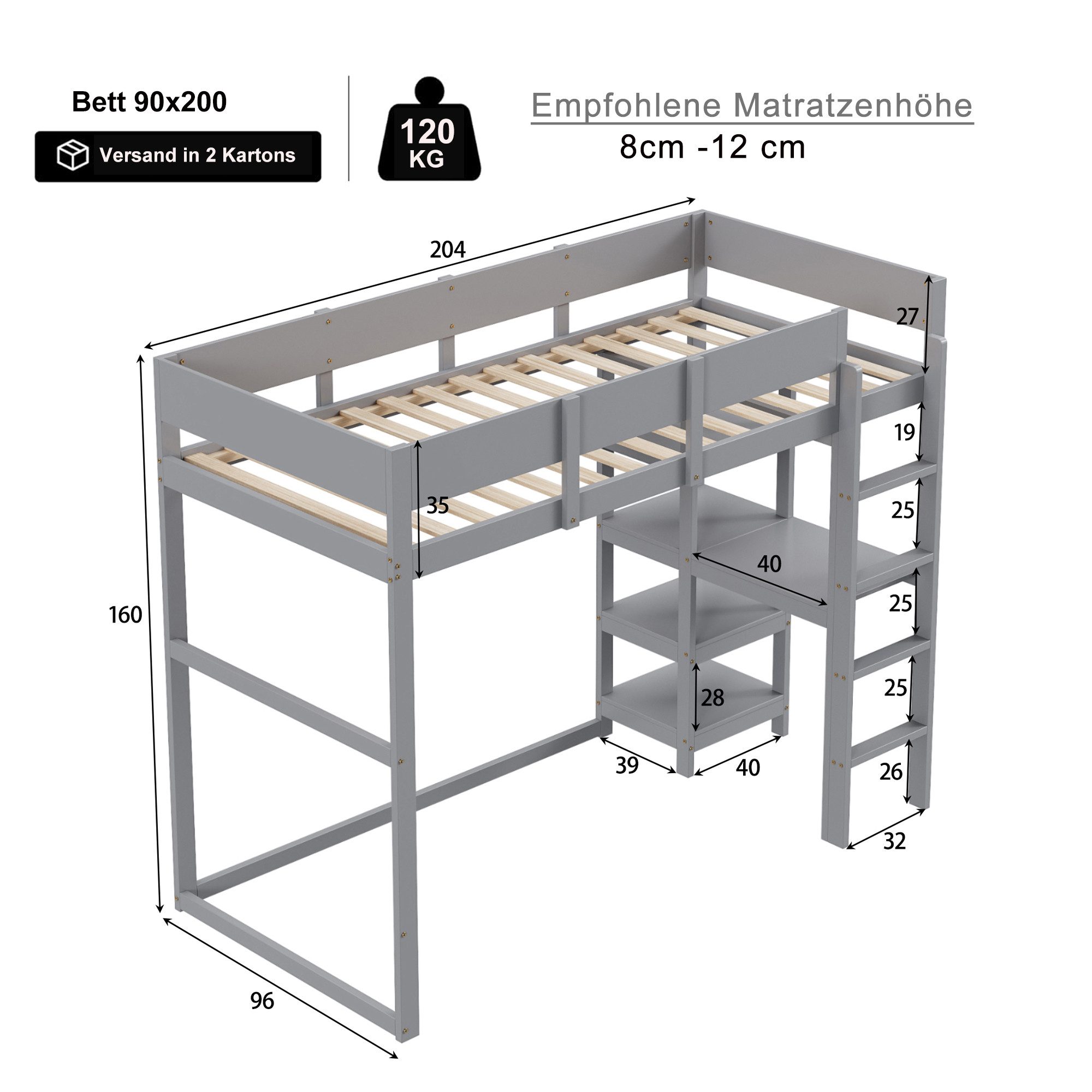 STILVORA Hochbett 90×200 Kinderbett mit Lattenrost & Regale,Bettgestell ohne Matratze (mit Lattenrost und Ablage, geeignet für Kinder und Jugendliche, 90 x 200 cm) ohne Matratze
