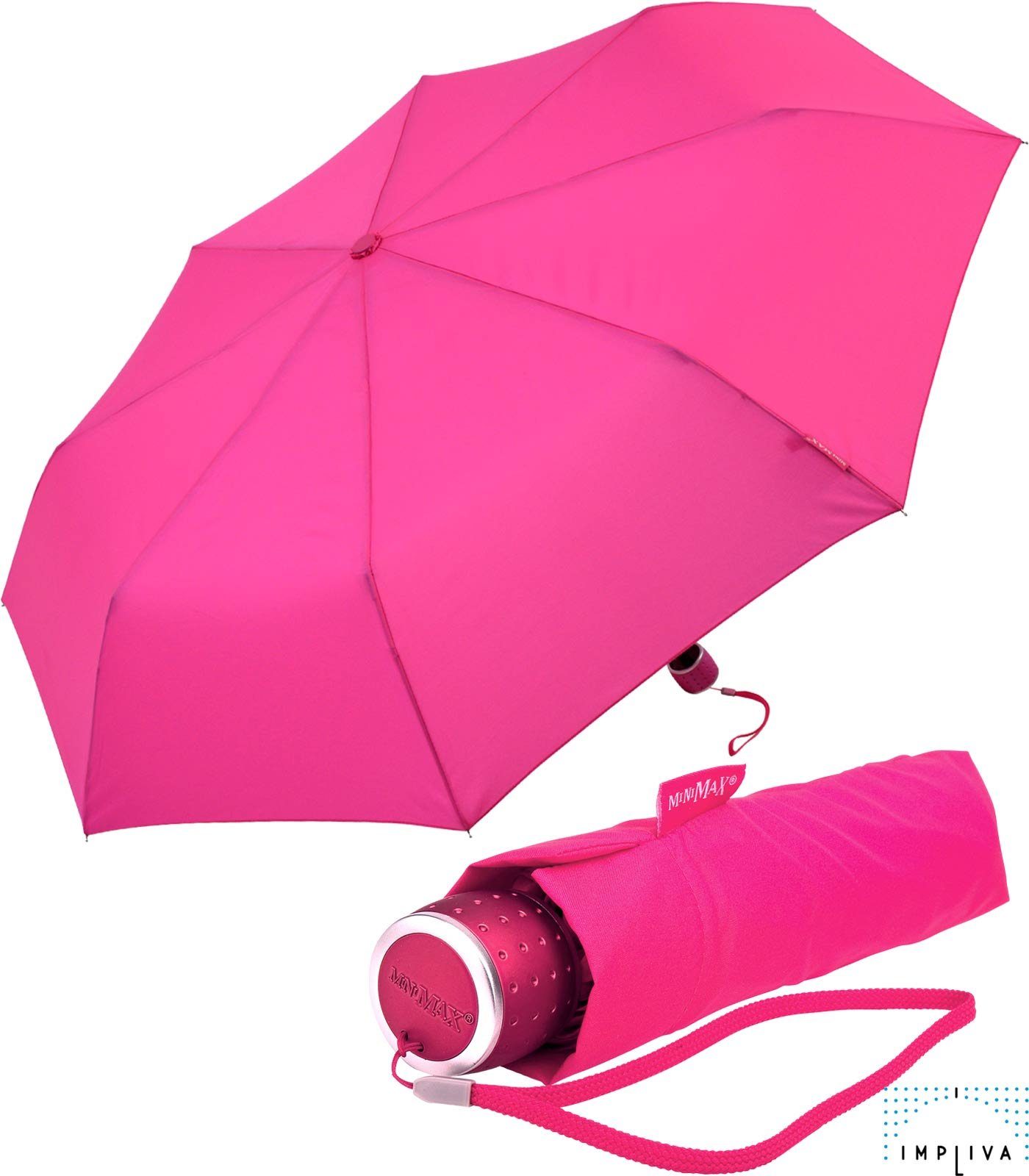 Impliva Taschenregenschirm miniMAX® kleiner leichter Schirm Handöffner, passt in jjede Tasche pink