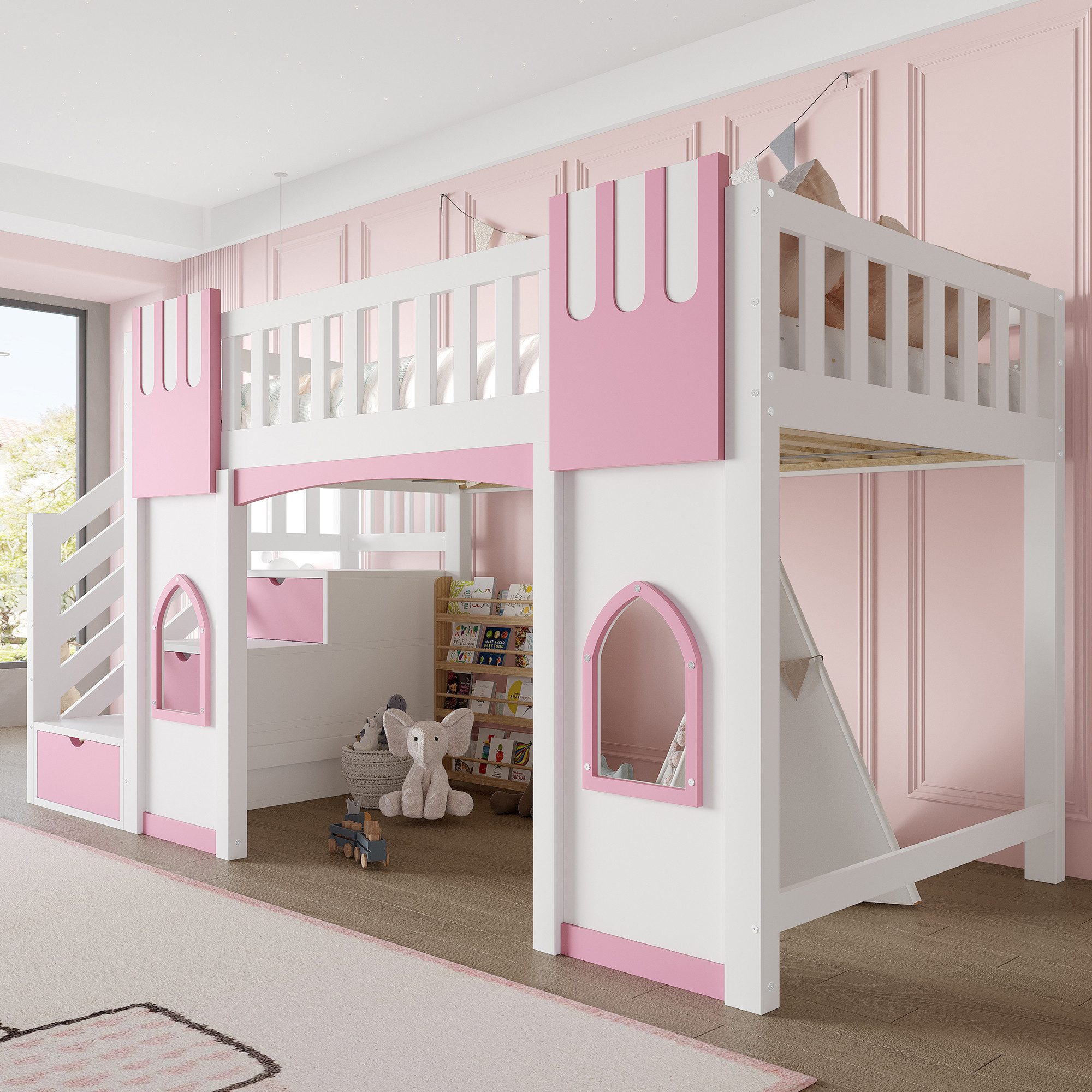 Flieks Etagenbett, Hochbett Fenster-Design 90x200cm mit Rausfallschutz und Stauraumtreppe