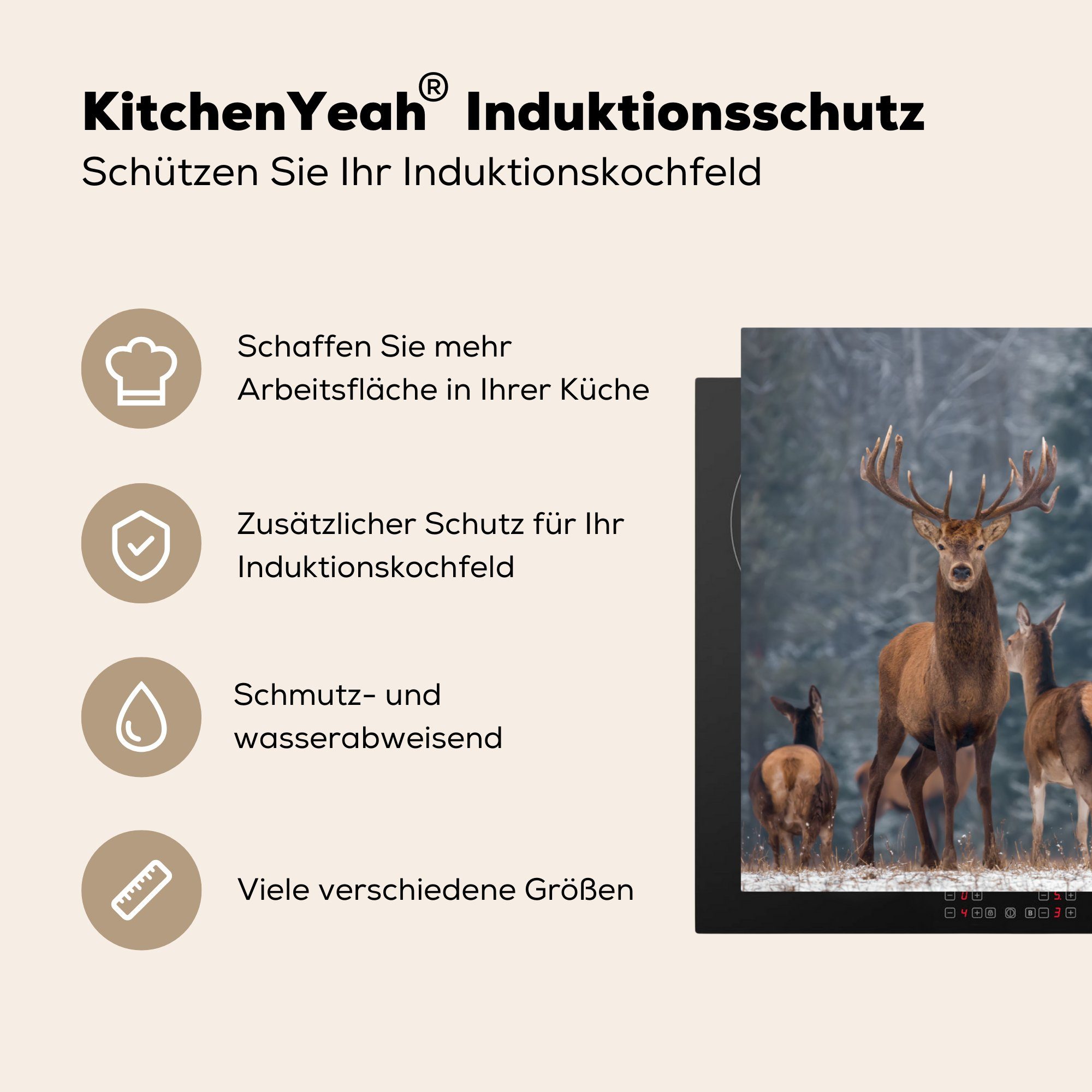 MuchoWow Herdblende-/Abdeckplatte Hirsche - Winter Waldtiere 81x52 Natur, - - Induktionskochfeld die Schutz (1 küche, Ceranfeldabdeckung - Schnee Vinyl, - cm, für tlg), Wald
