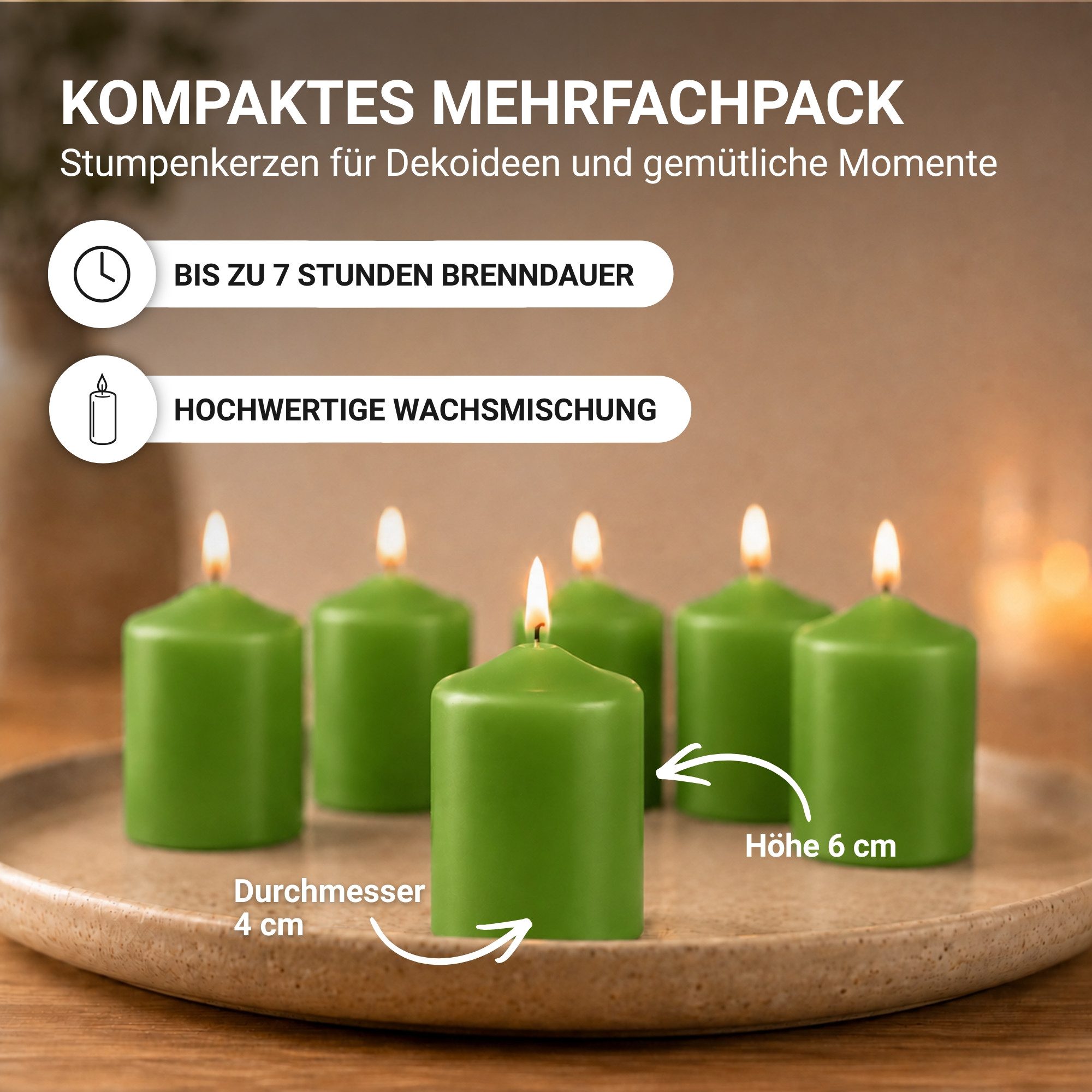 HS Candle Stumpenkerze kompakt und unparfümiert (6-tlg., Dekolicht), Ø4xH6 cm Teelichtgröße, bis zu 7h Brenndauer je Kerze, Wachsmischung