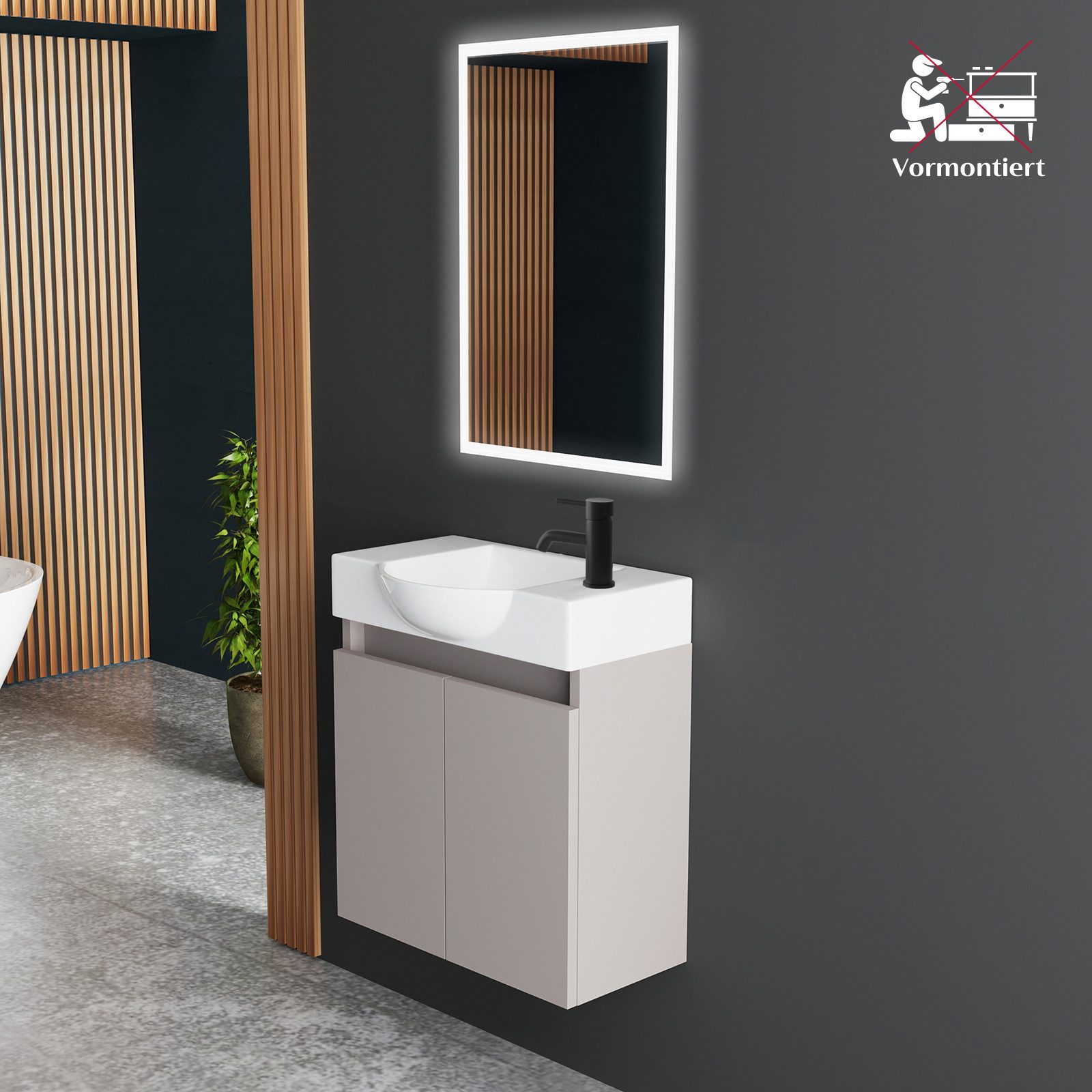 Alpenberger Badmöbel-Set Gäste WC Waschbecken mit Unterschrank klein hängend 55 cm Breit, (Waschtisch mit Unterschrank hängend, Gäste WC Waschtisch mit Waschbec – Bild 3 von 5