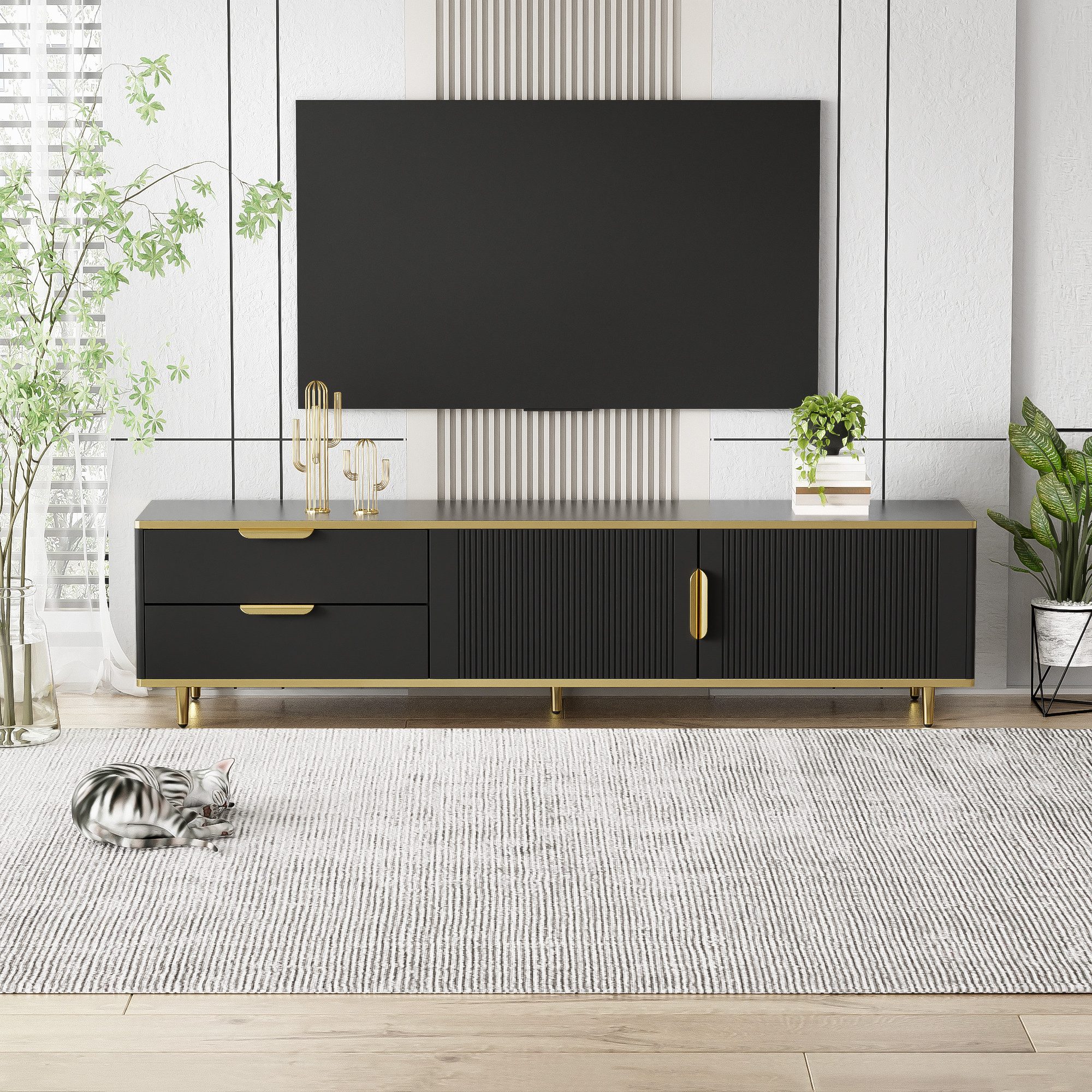 REDOM Lowboard TV-Schrank (Fernsehtisch, TV-Board mit Marmorstruktur, 2 Schubladen und 2 Türen), mit niedriger Teller mit geschnitzter Textur, goldenen Griffen/Füßen