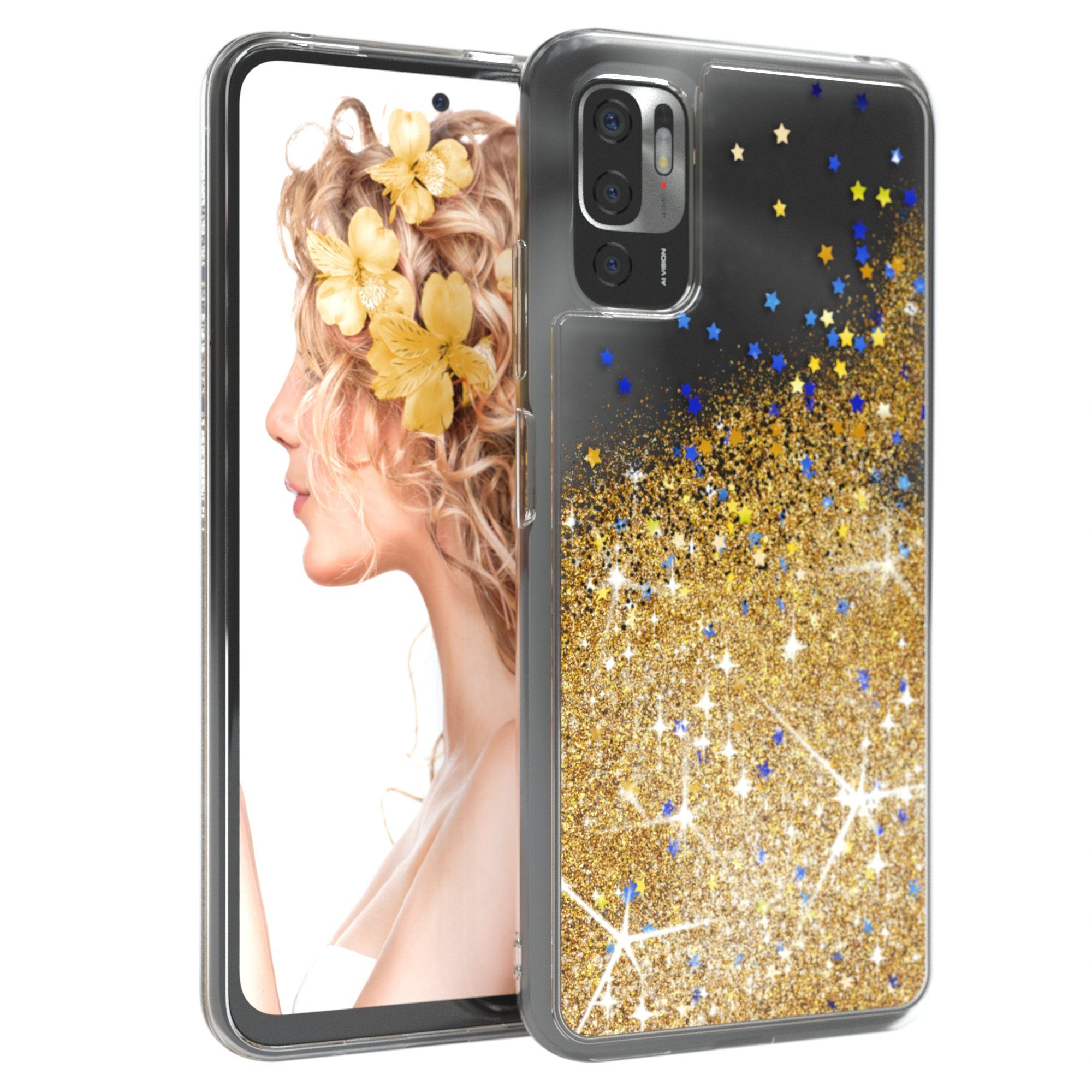 EAZY CASE Handyhülle Liquid Glittery Case für Xiaomi Redmi Note 10 5G 6,5 Zoll, Durchsichtig Back Case Handy Softcase Silikonhülle Glitzer Cover Gold