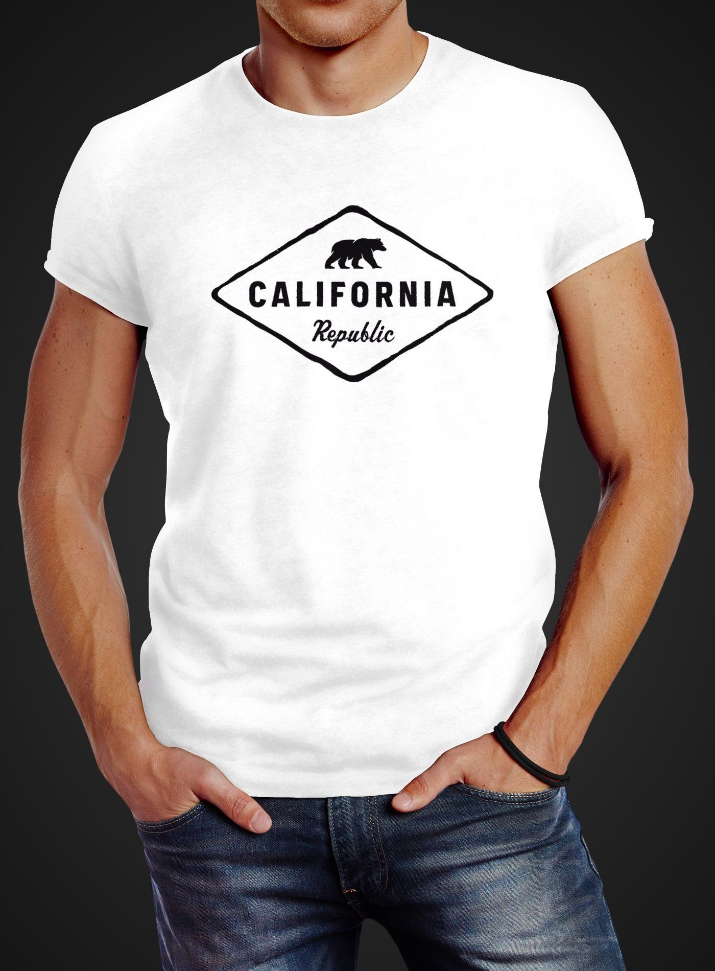 Neverless Print-Shirt Herren California USA Print Badge Republic mit T-Shirt Fashion Streetstyle Bear Neverless® Bär weiß State Sunshine