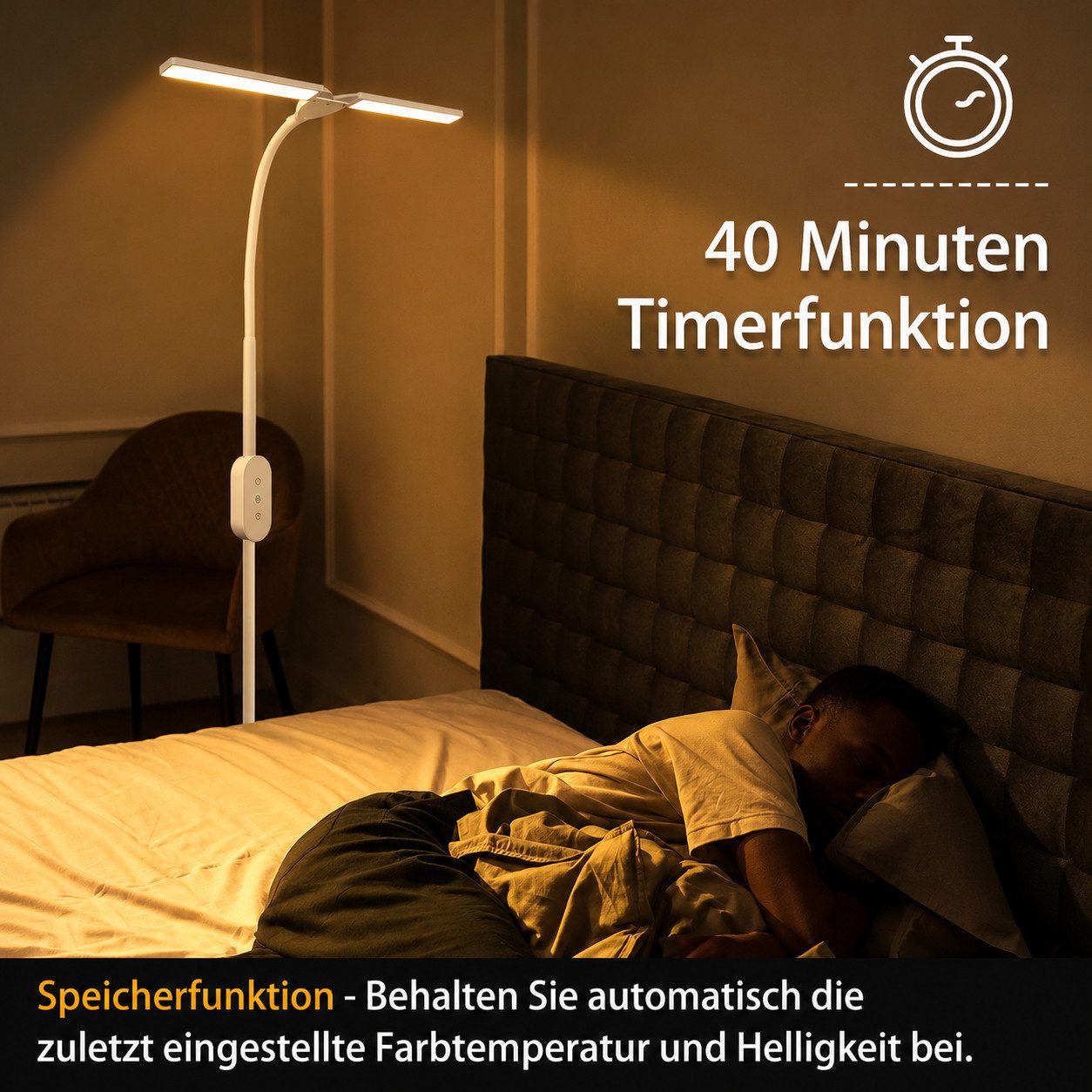 ZMH LED Stehlampe LED dimmbar Leselampe 9W Timer Memory einstellbar Touch, dimmbar, LED fest integriert, flexibel verstellbar, schwenkbar