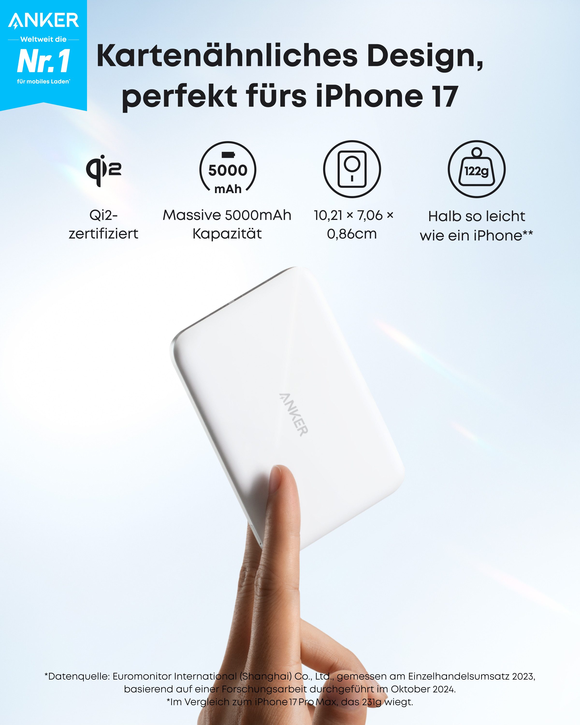 Anker Anker Nano Powerbank, Qi2-zertifiziert, 5000mAh Magnet- Powerbank 15W Max ultraschnelles Laden, MagSafe-kompatibel, tragbares Ladegerät 5000 mAh (5 V), Kabelloses Laden, für iPhone 17/16/15/14/13