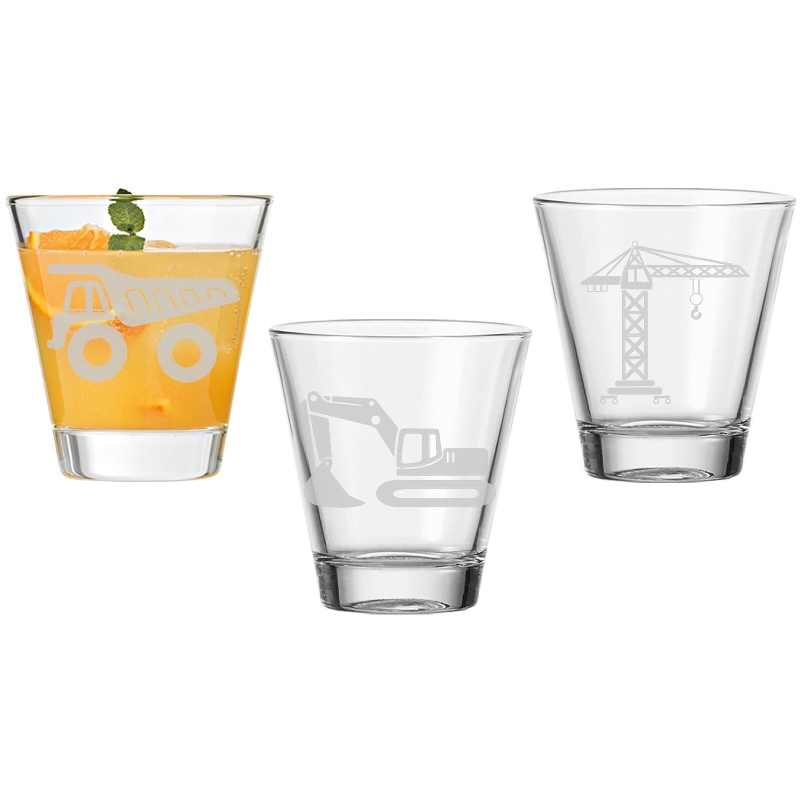 LUXENTU Kinderbecher Baustellenfahrzeuge Kinderbecher 215 ml 3er Set, 3-tlg., Glas