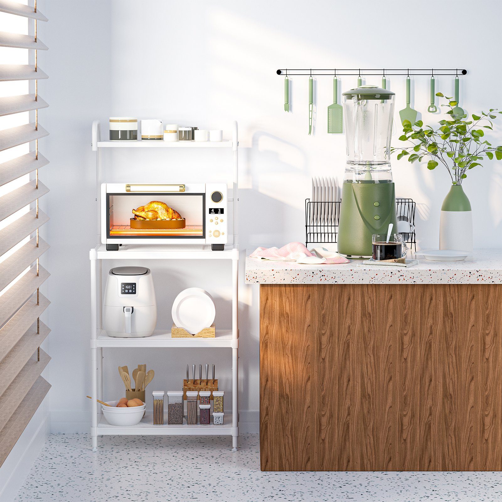 COSTWAY Küchenregal, mit verstellbaren Regalböden, Metall, Braun+schwarz 60x34,5x136cm