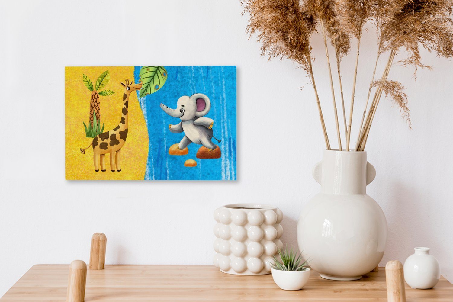 St), Leinwandbilder, 30x20 cm Leinwandbild OneMillionCanvasses® Wandbild Aufhängefertig, - Elefant Giraffe - Wasser, (1 Wanddeko,