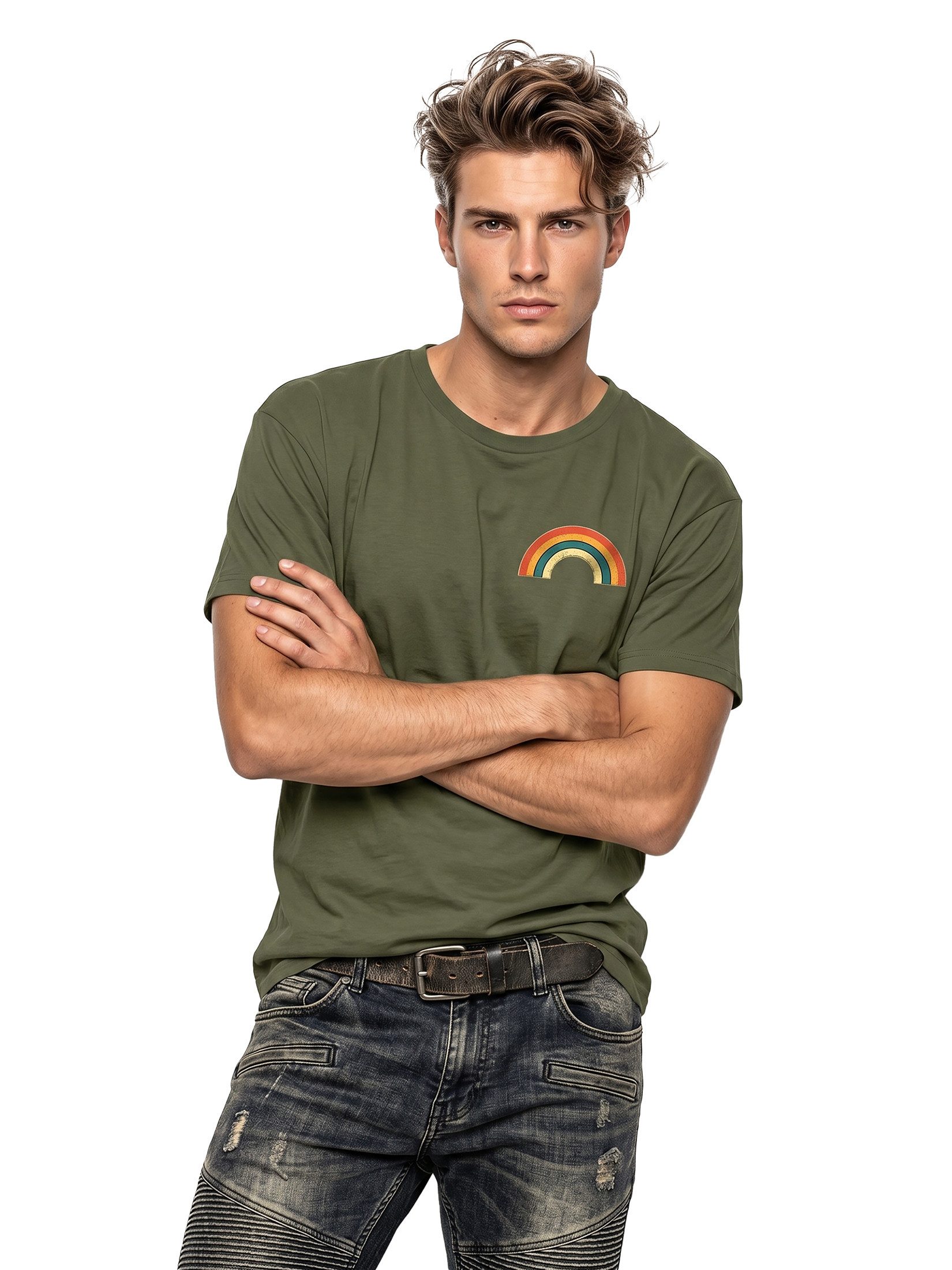 MAKAYA T-Shirt mit Regenbogen Streifen Vintage Regenbogenfarben Herren (Schwarz, Blau, Grau, Blaugrau, Weiß, Grün, Lila, S, XL, 3XL, 4XL, 5XL, L, M, XXL) Baumwolle