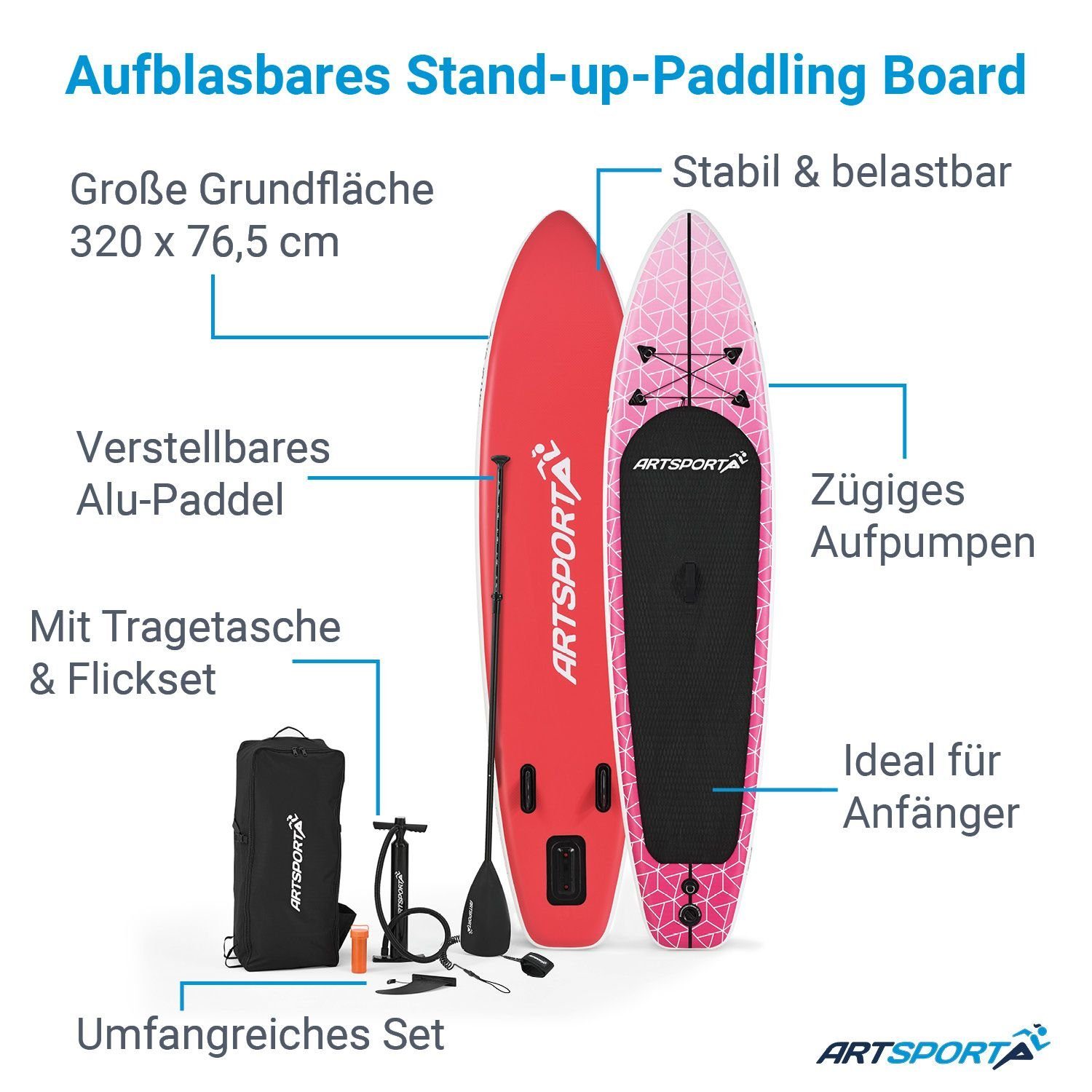 ArtSport Inflatable SUP-Board Pink Blizzard, bis Paddling inkl. für Anfänger, und Zubehör ideal Rosa Stand Board, Up kg, Tragetasche 150
