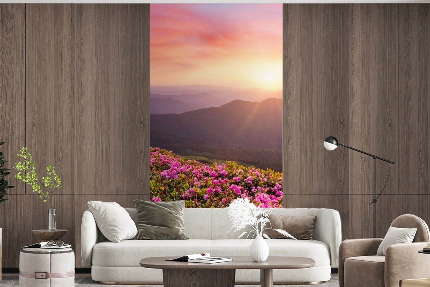 Wohnzimmer (2 - Fototapete Berg Matt, für St), Sonnenuntergang Landschaft, - - Küche, MuchoWow bedruckt, Fototapete Schlafzimmer Blumen Vliestapete