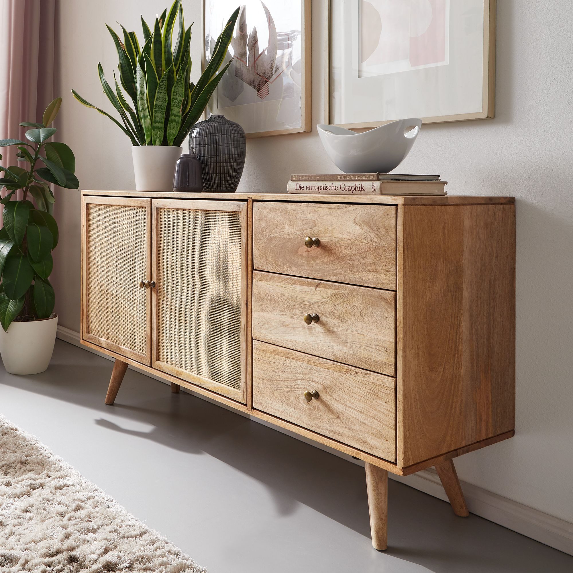 FINEBUY Sideboard FB60956 (140x75x40 cm Mango Massivholz / Rattan Anrichte), Kommode 3 Schubladen, Hoher Kommodenschrank