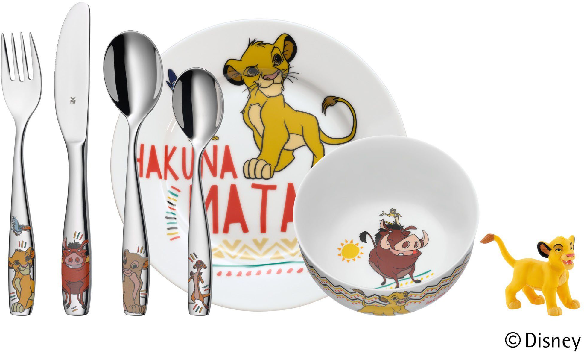 WMF Kindergeschirr-Set Lion King (6-tlg), 1 Personen, Cromargan® Edelstahl Rostfrei 18/10, Porzellan, Geschirr mit buntem Kindermotiv, 6 Teile, für 1 Person