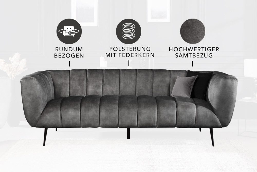riess-ambiente Sofa NOBLESSE 225cm grau / schwarz, Einzelartikel 1 Teile, Wohnzimmer · Samt · Metall · 3-Sitzer · Federkern · Retro Design – Bild 4 von 5