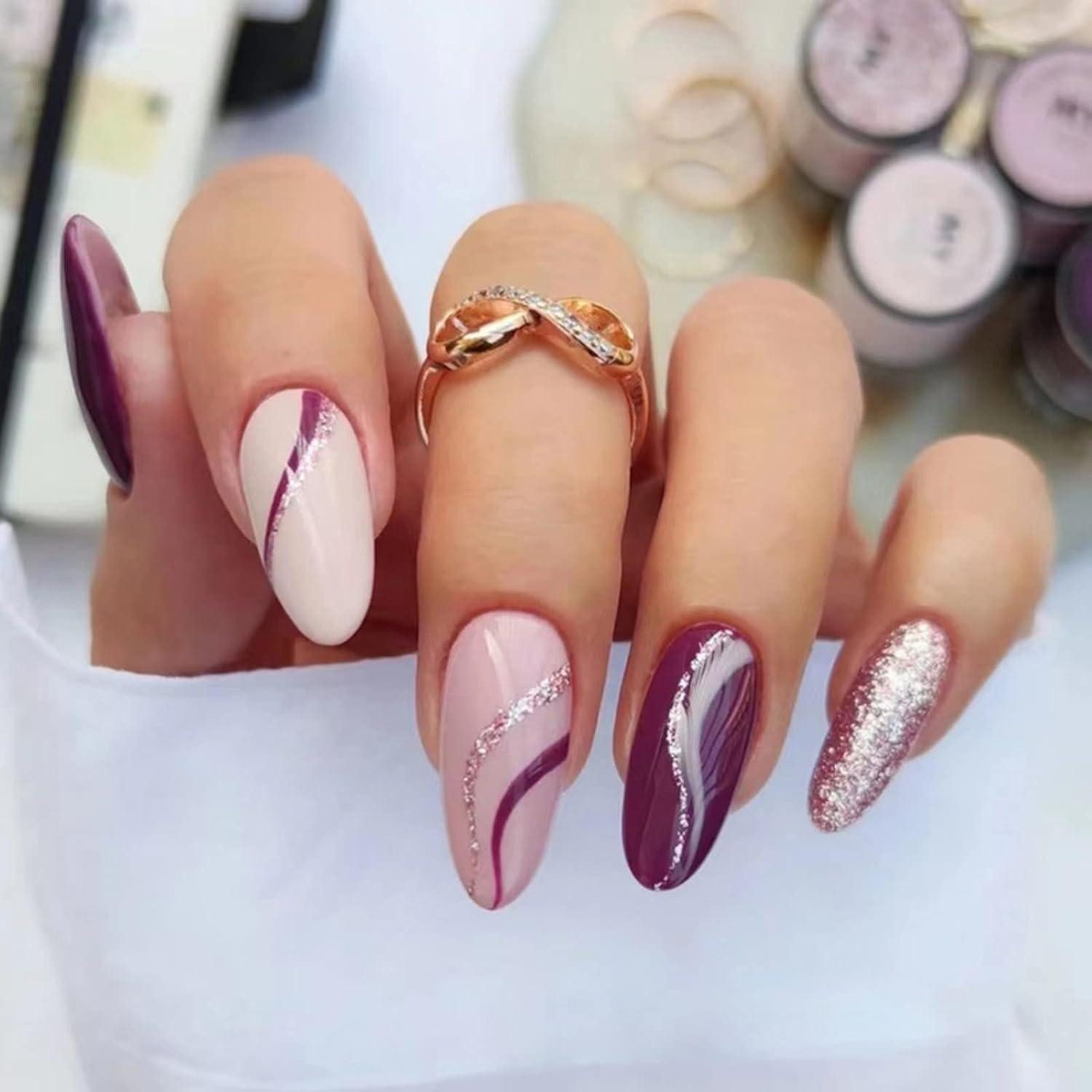 Kunstfingernägel 24er Set Stiletto Nägel Aufkleben Rot Glitter Mandel Acryl Fake Nails