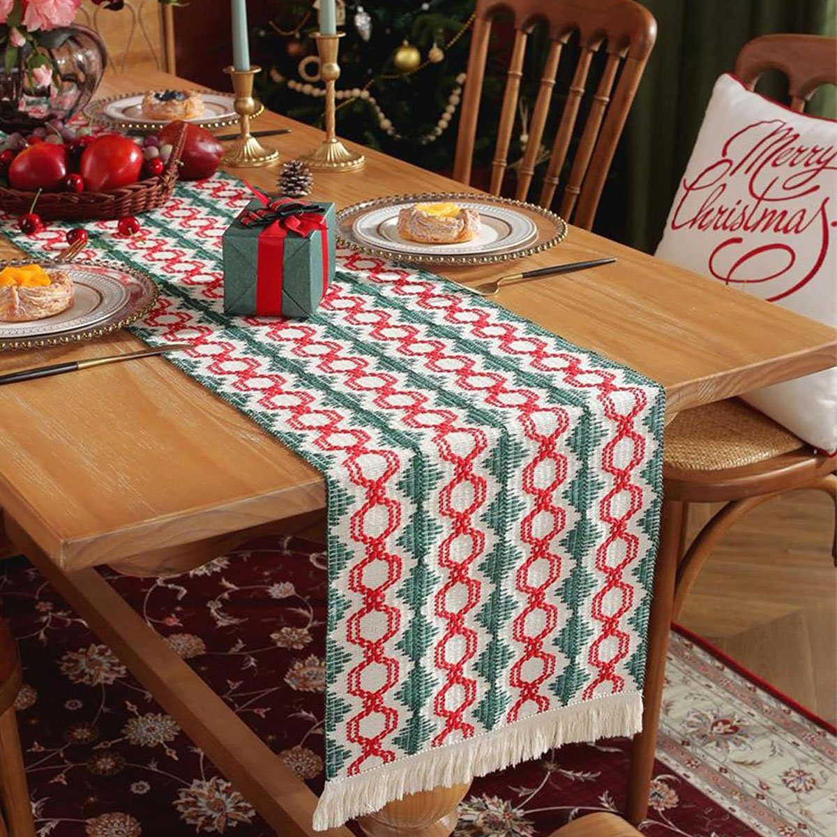 Tischdecke Quasten und Rot Schwarz Grün Boho mit Tischläufer Tischläufer CTGtree weiß Tischdecken