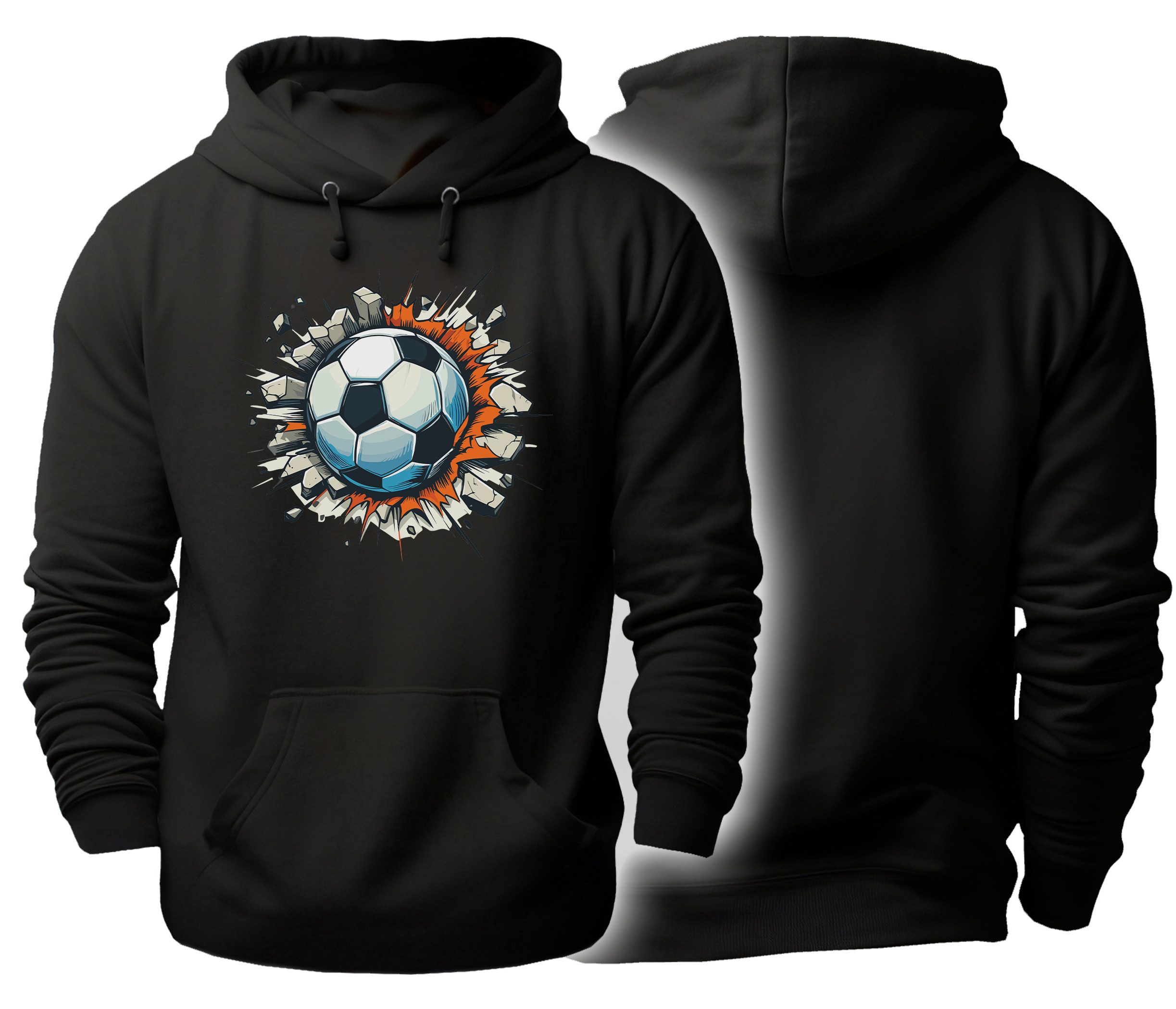 MyDesign24 Hoodie Fussball Kapuzen Pulli - Fussball fliegt durch die Wand Herren und Damen Kapuzensweater i483