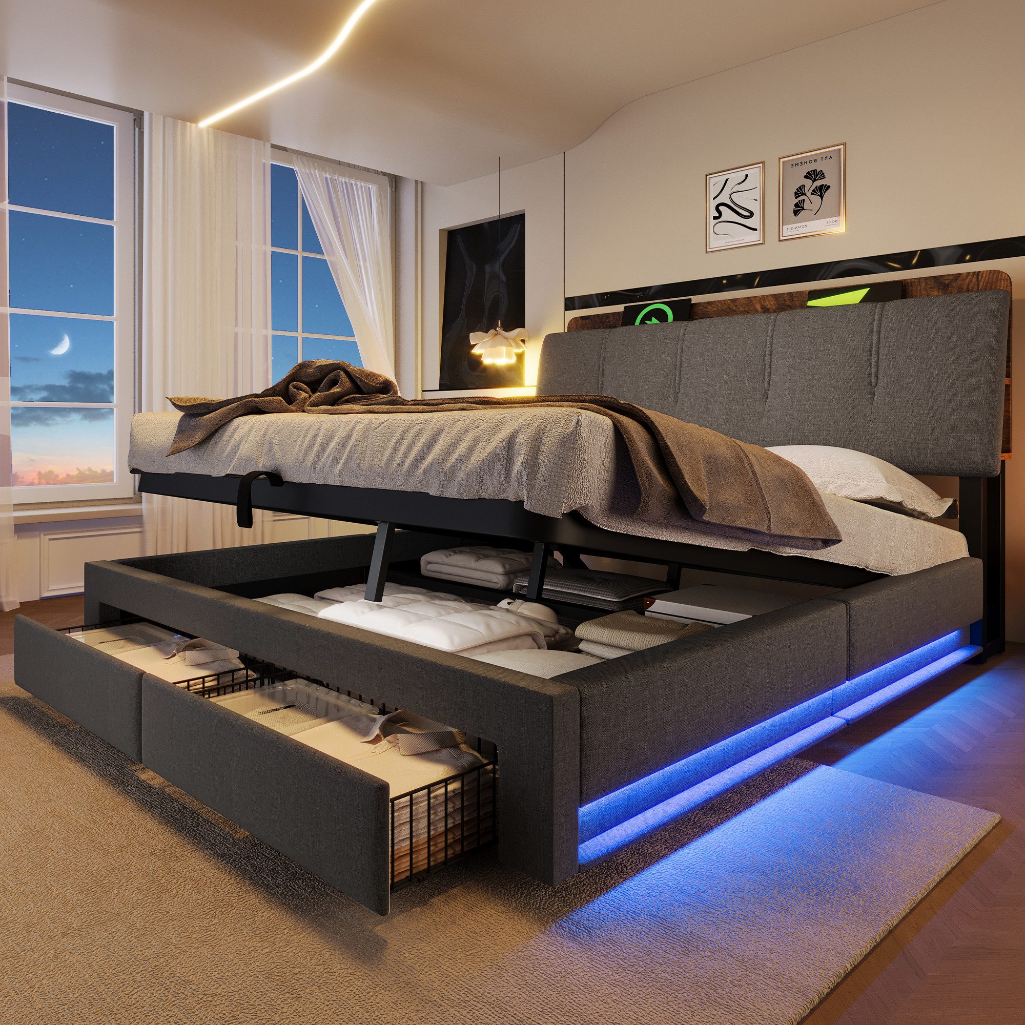 Merax Polsterbett mit LED-Beleuchtung, USB & Typ-C (1-tlg), Doppelbett 140x200cm mit hydraulischem Stauraum & 2 Schubladen, Leinen