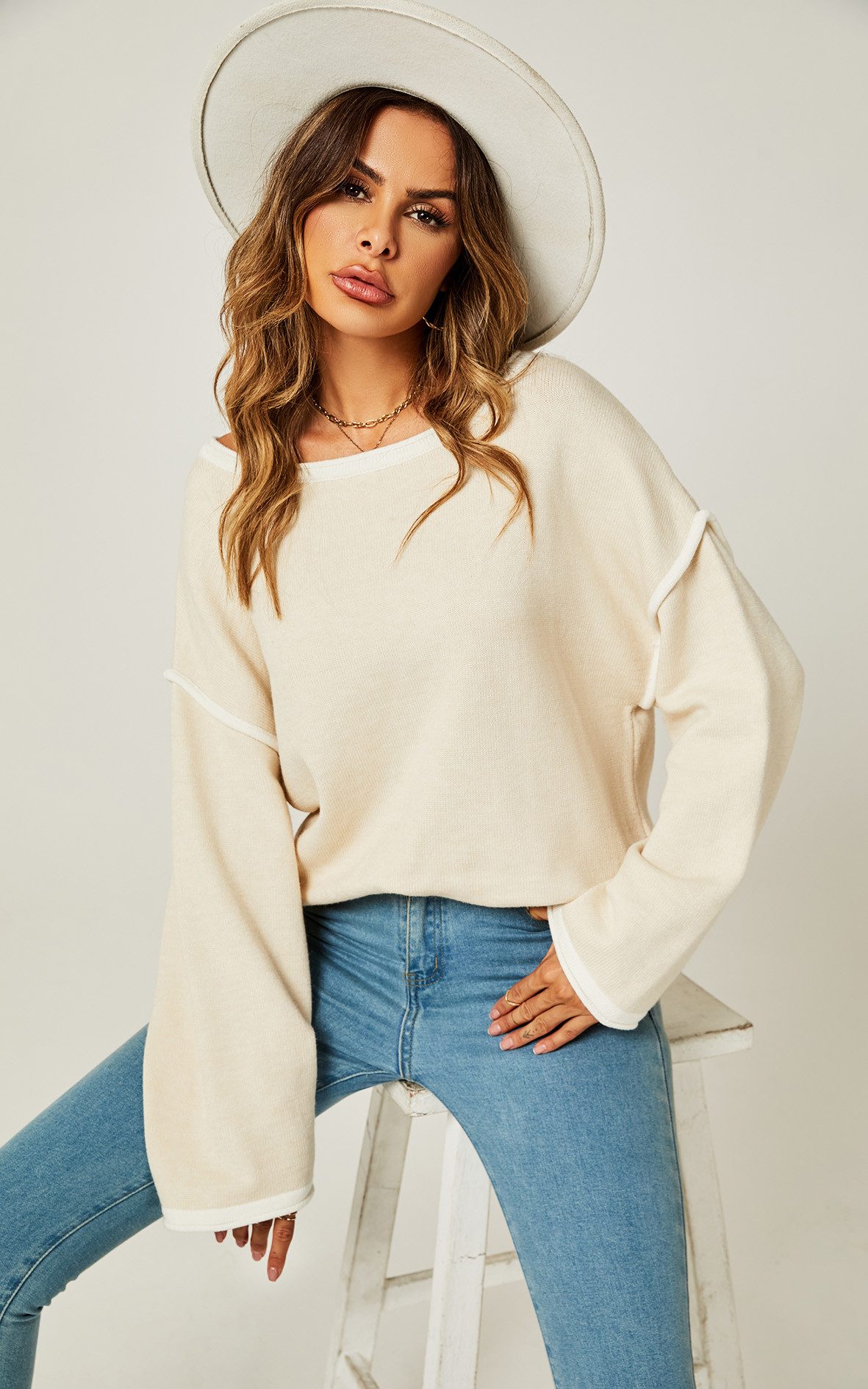 FS Collection Strickpullover Trendiges Oversize Pullovertop Pulloveroberteil – Damen Strick (Einheitsgröße: UK 8–16 / EU 36–44, 4 Farben: Marineblau, Beige, Schwarz und Khakigrün) 85 % Acryl, 15 % Polyester