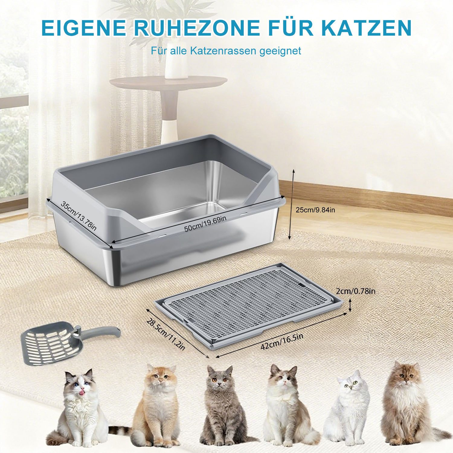 SURFOU Katzentoilette Edelstahl Katzentoilette Stainless Steel Litter Box 50 x 35 x 20cm, mit Katzenstreumatte Katzenstreu High-Sided Katzenklo Edelstahlklo