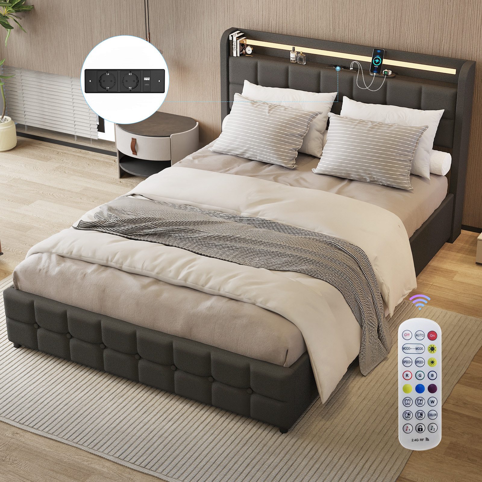 oyajia Polsterbett LED Doppelbett 140x200cm mit Ladefunktion und 2 Schubladen Polsterbett, Einzelbett Bettgestell mit Kopfteil und Lattenrost, Leinen Polsterbet – Bild 3 von 5