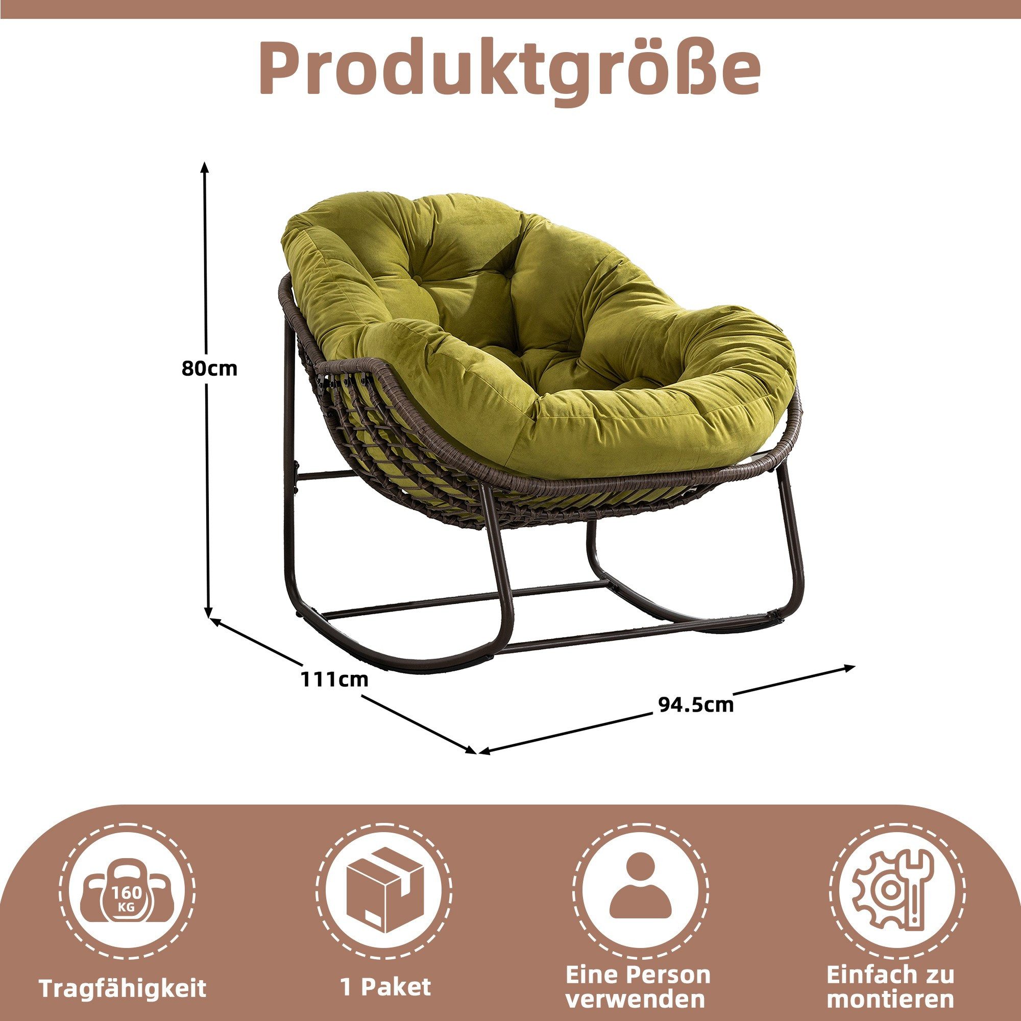 LVHOM Schaukelstuhl dick/gepolsterte Kissen, Rattanstuhl mit Stahlrahmen, Lounge Sessel (Großformat B110.5xT94.5xH80cm,160kg Tragfähigkeit,Dicke Kissen, MEHRE FARBEN MEHRE OPTIONEN! Schaukelsessel umhüllendem Sitzgefühl & hoher Armlehne, 1 St), Balkon/Garten/Wohnzimmer/Schlafzimmer/Arbeitszimmer