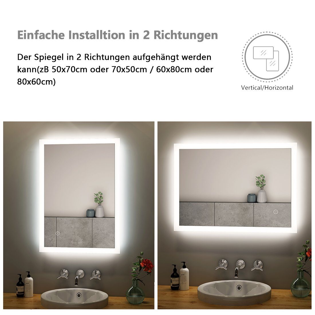 Badspiegel LED mit S'AFIELINA Badspiegel Wandschalter,Warmweiß Beleuchtung Wandmontage Energiesparend, Wandspiegel Lichtspiegel 3000K,Energiesparend,