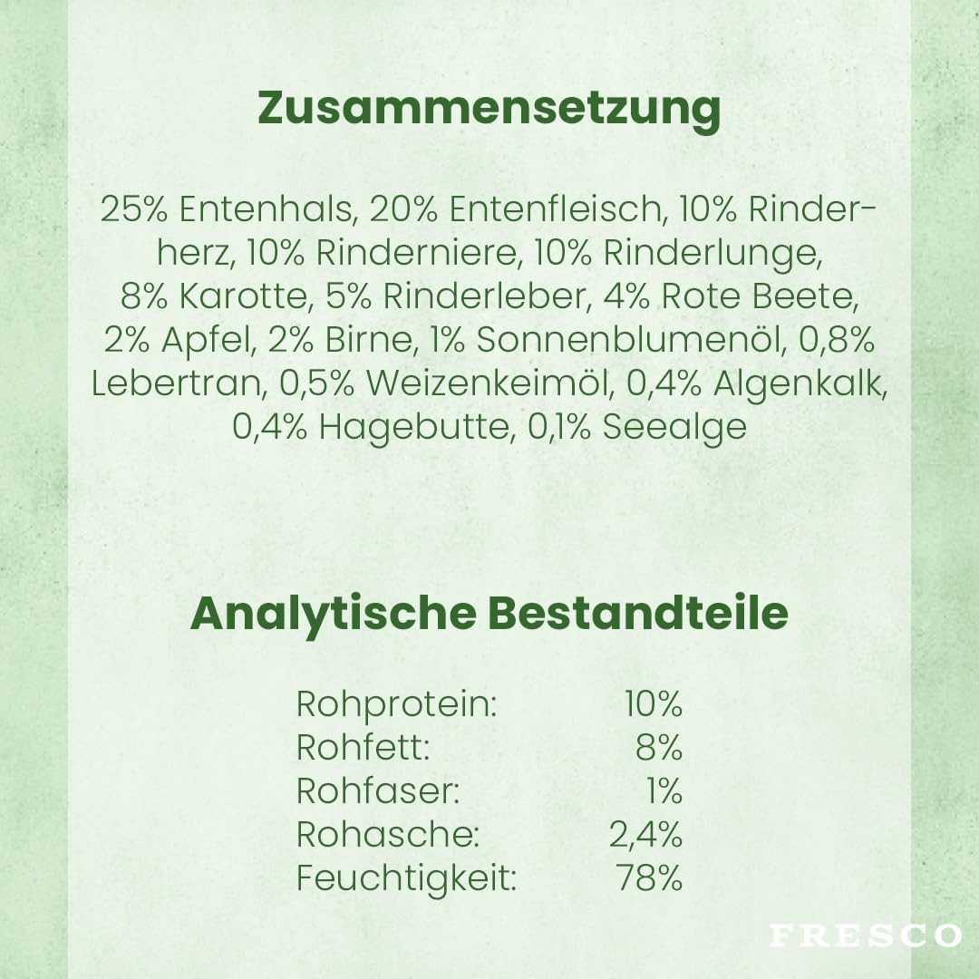 Fresco Dog NassBarf Hundefutter Nass 12 x 400g Ente mit Rind, Nassfutter für: Hunde, Getreidefrei, zuckerfrei & hoher Fleischanteil