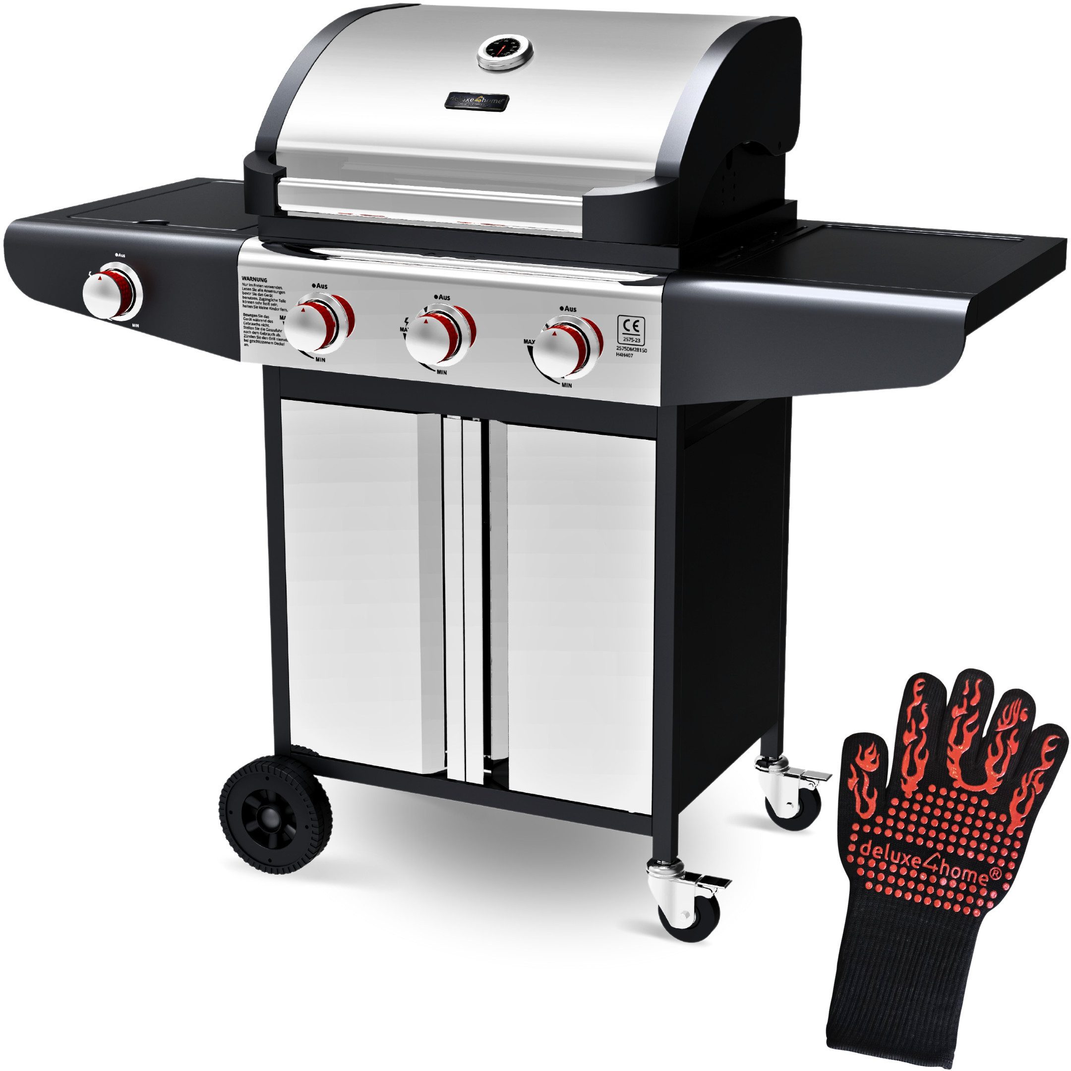 deluxe4home Gasgrill XXL Grillwagen mit Deckel I 3+1 Seitenbrenner I Grill Rollbar, inkl. Grillhandschuh, Grillthermometer