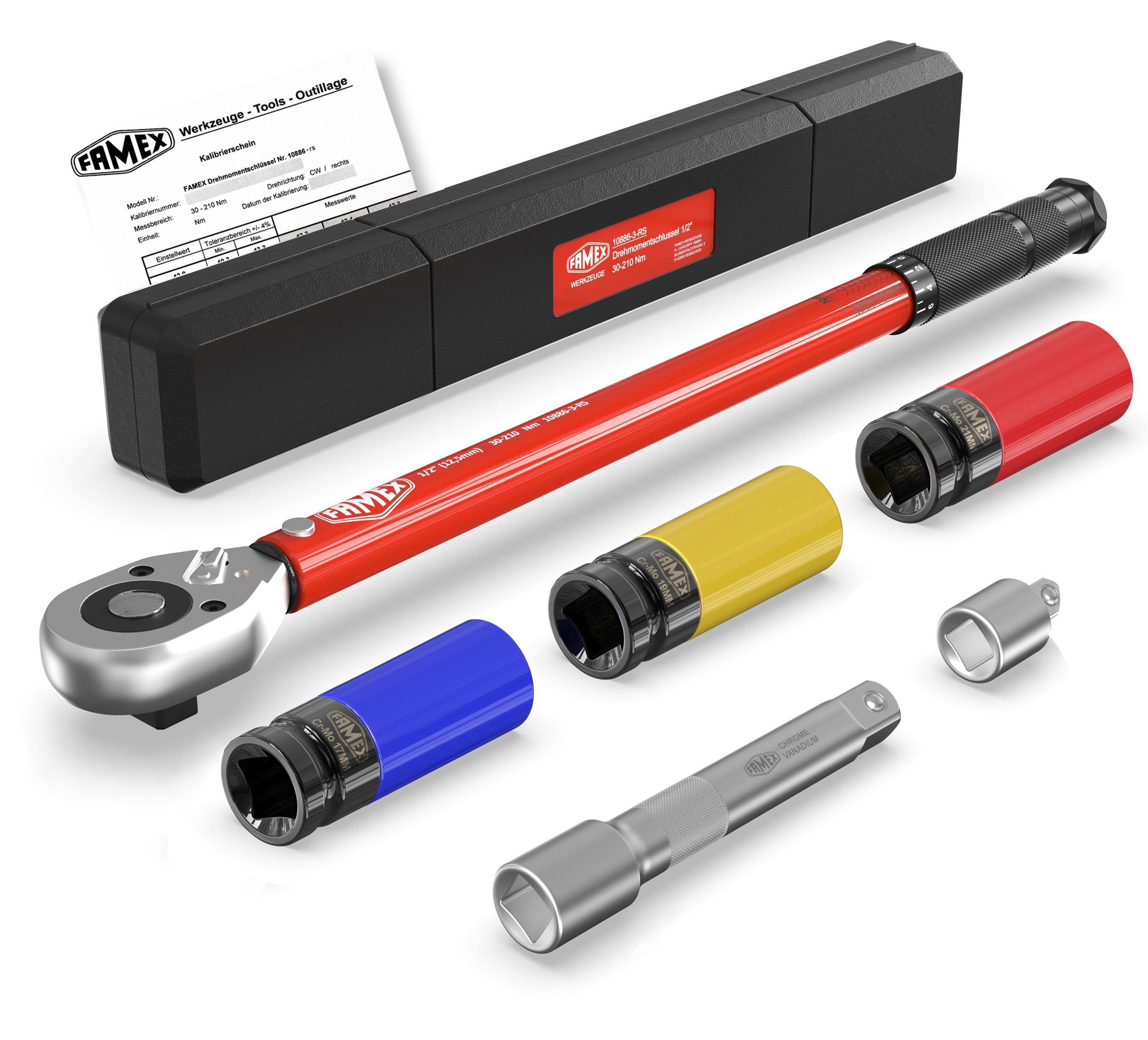 FAMEX Drehmomentschlüssel 10886-3-RS Drehmomentschlüssel Set 1/2 Zoll (12,5mm) (4% Genauigkeit, 6 St., vor Auslieferung zusätzlich geprüft), 30-210 Nm, mit Kalibrierschein