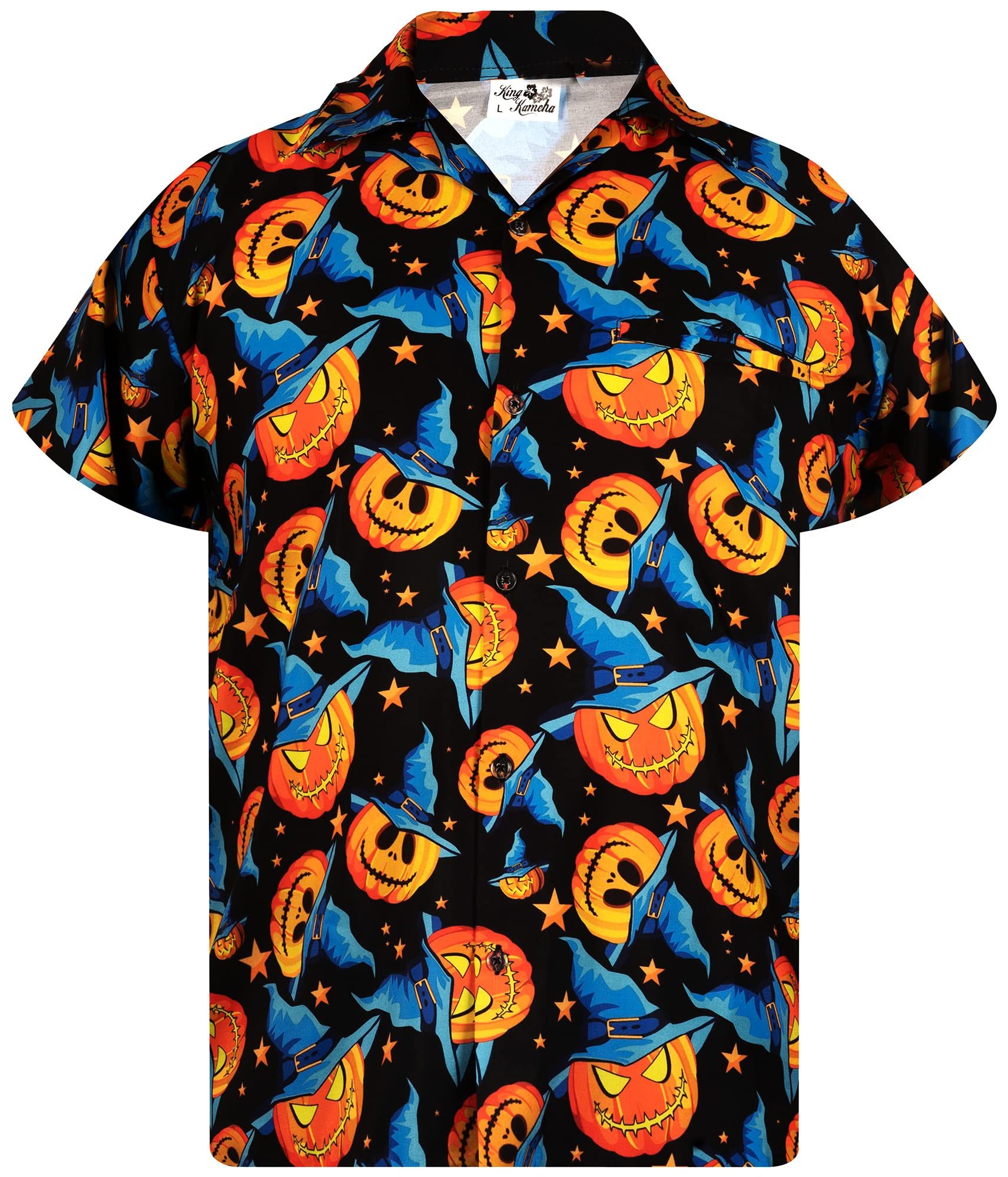 King Kameha Hawaiihemd Halloween Pumpkin Hat Hawaii-Hemd Kurzarm Front-Tasche Unisex