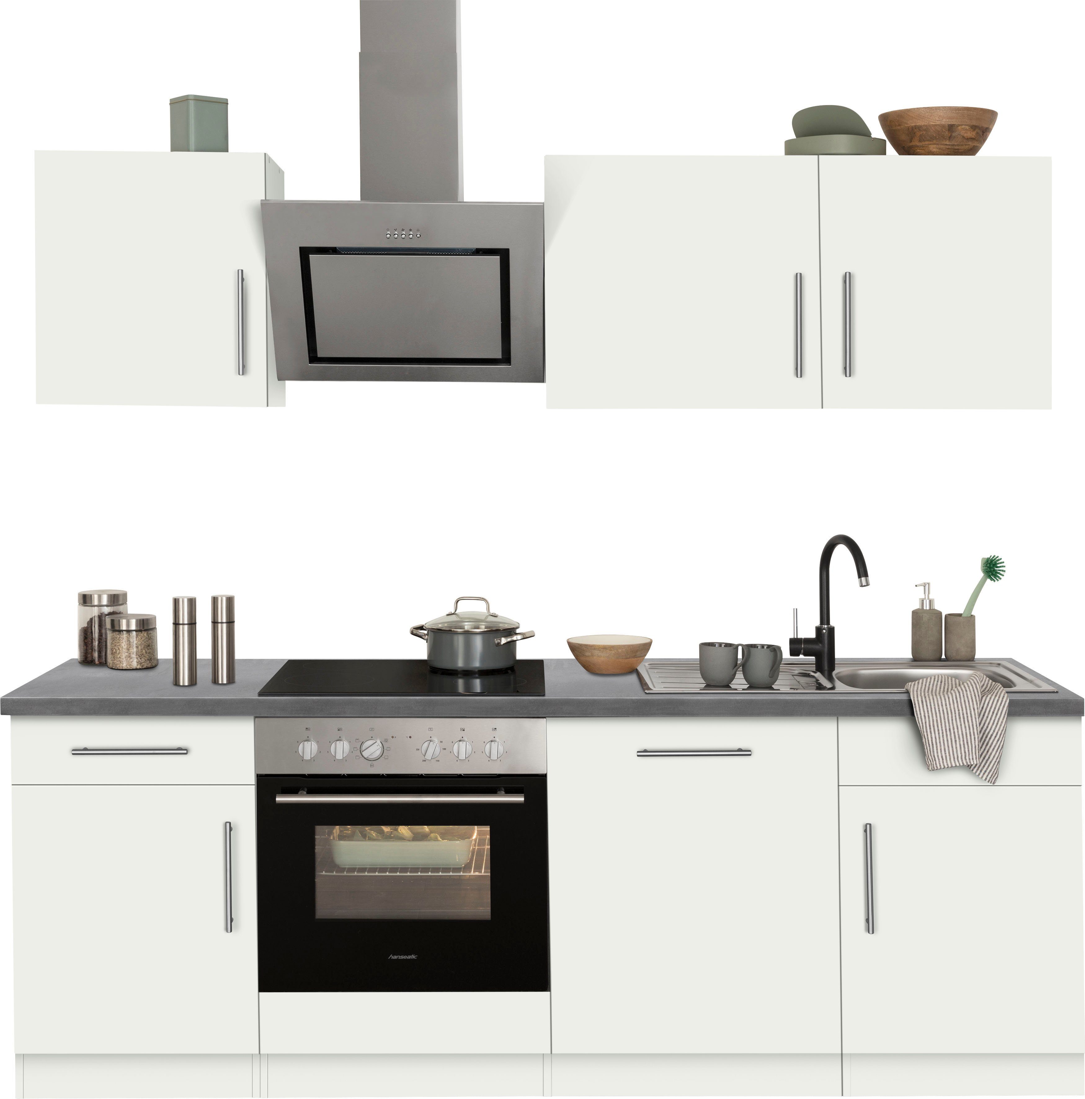 Glanz, Weiß weiß | Hanseatic mit Front: cm E-Geräten, Küchen wiho Beton grau 220 matt E-Geräten Cali, mit Arbeitsplatte Küchenzeile Breite