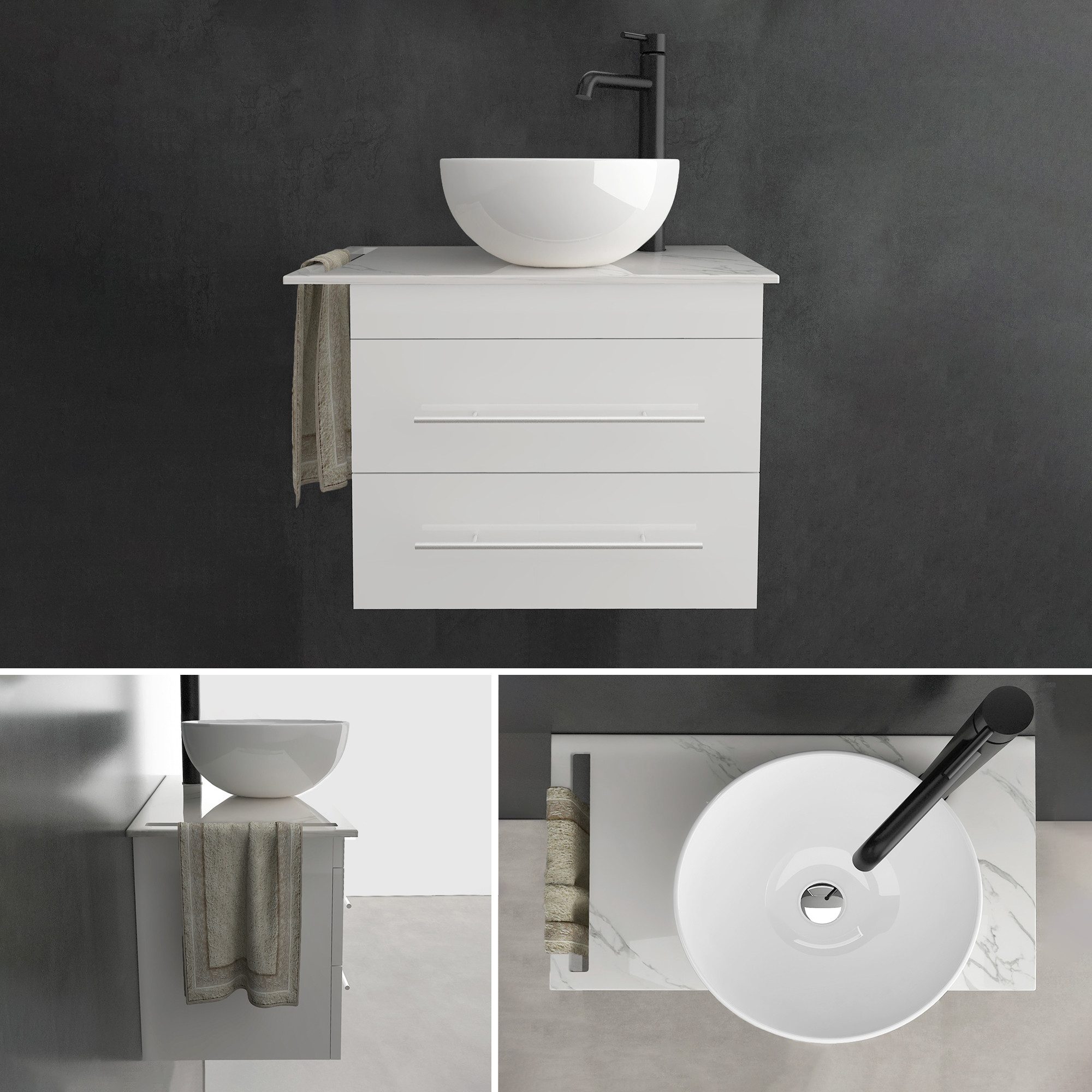 Alpenberger Badmöbel-Set Gäste WC Waschbecken mit Unterschrank – hängender Waschtisch 60 cm, (Waschtischunterschrank mit Schubladen, Bad Möbel Set mit Waschbecken), Aufsatzwaschbecken mit Unterschrank Weiss