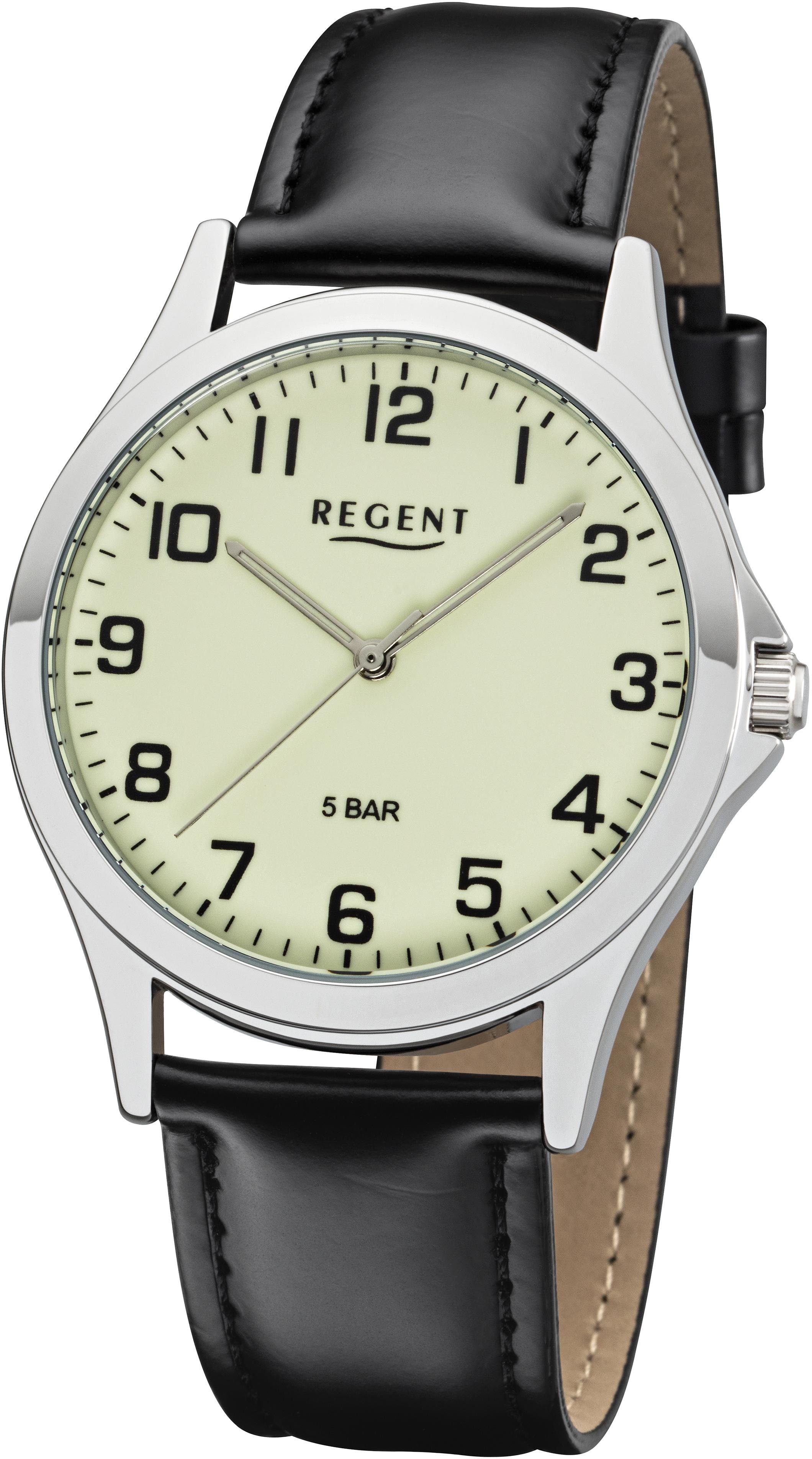 Regent Quarzuhr 11110757, Armbanduhr, Herrenuhr, mit Leuchtblatt/- zeiger
