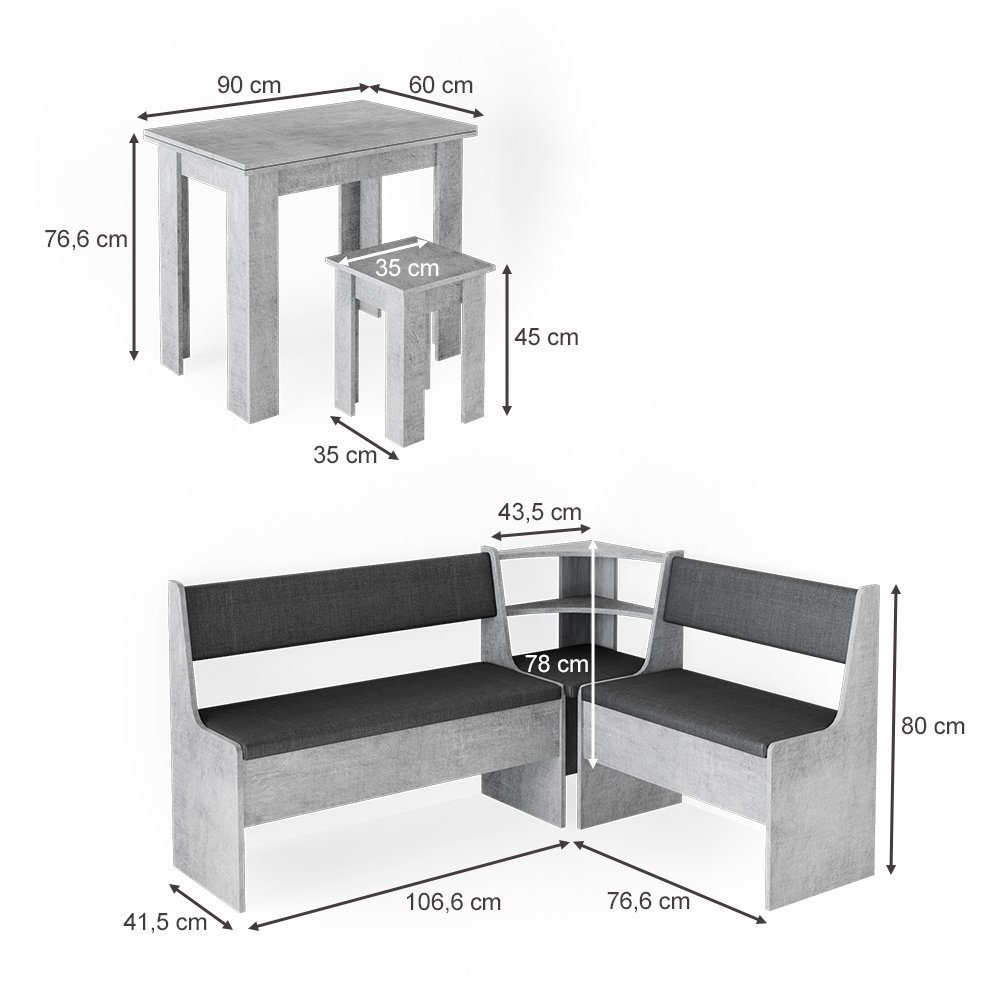 in ROMAN Sitzbänken 5-tlg., Polsterung, 5-er Beton, Vicco Esszimmergruppe Stauraum Ausziehbarer Set), Eckbankgruppe (Set, den mit Eckbankgruppe Tisch,