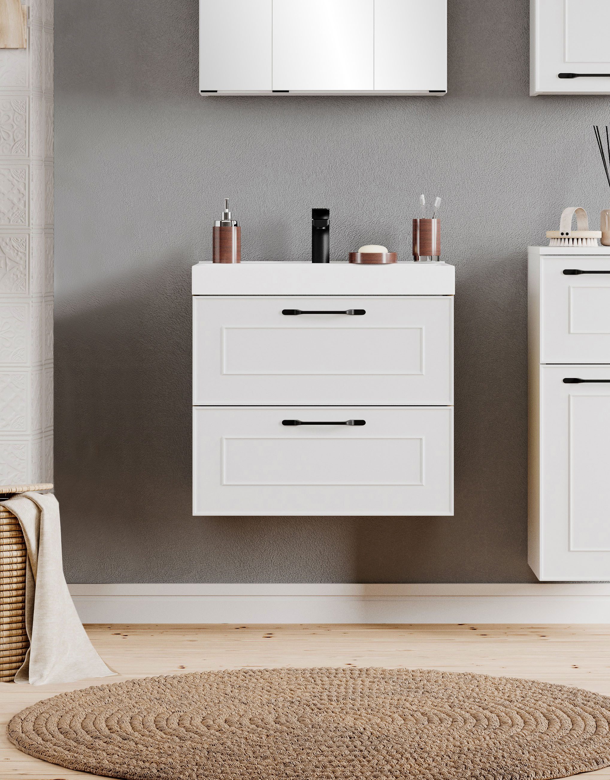 welltime Waschtisch CADIZ, Waschtisch, matt weiß, Landhaus-Optik, schwarze Aktzente