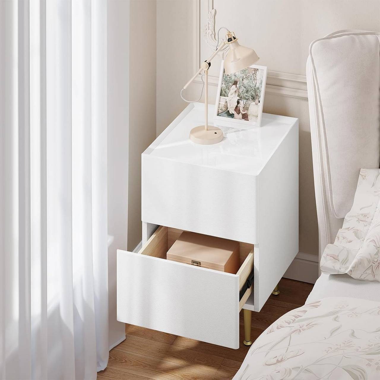 Woltu Nachttisch, mit 2 Schubladen, moderner Nachtkommode, Holz PVC+Metall