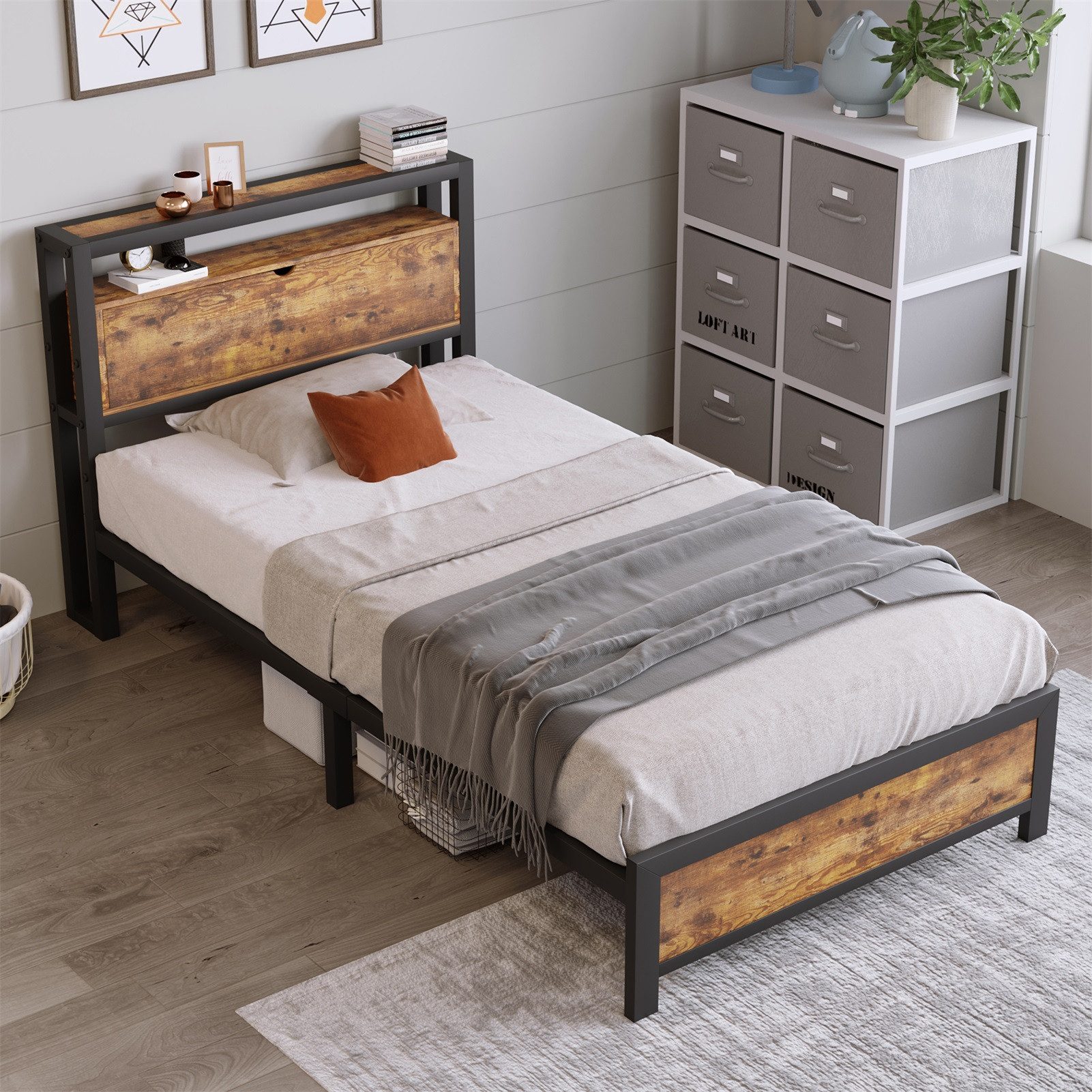 Rutaqian Jugendbett Metallbett Jugendbetten Doppelbett 90 /140 x 200 cm (mit Stauraum-Kopfteil und Metall Lattenrost), Kinderbett Bettgestell Bettrahmen Für Erwachsene, Kinder, Jugendliche