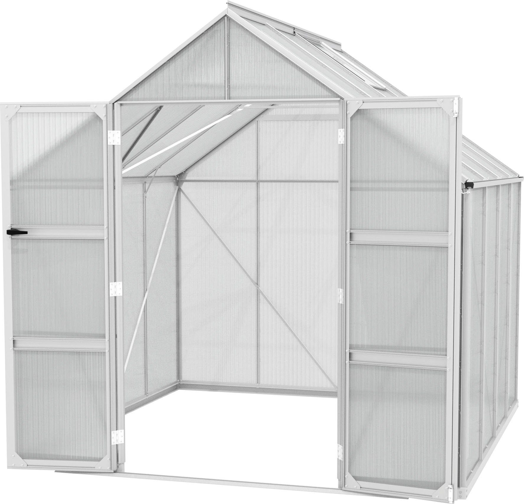 Vitavia Gewächshaus Domus 6700, BxTxH: 257 x 263 x 253,9 cm, 3 mm Wandstärke, mit Doppelschwingtüren und bodentiefer Türschwelle, 4 mm Hohlkammer silberfarben